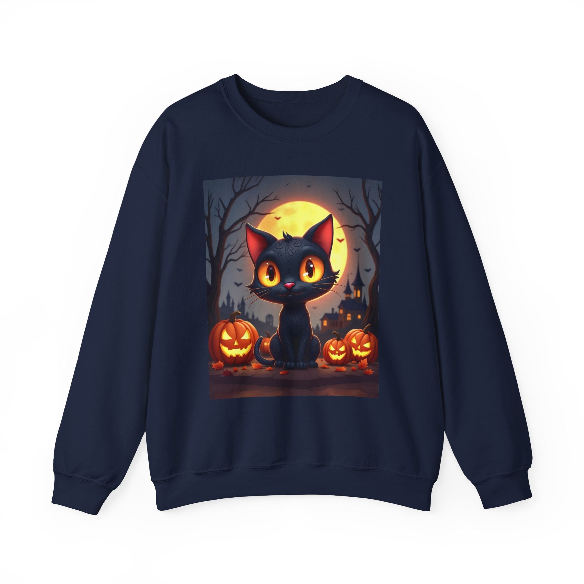Navy blue sweatshirt with a Halloween-themed design of a black cat and pumpkins on a white background.