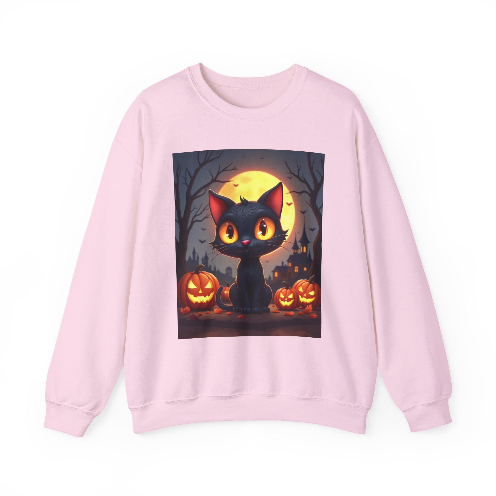 Pink sweatshirt with a Halloween-themed black cat graphic on a white background