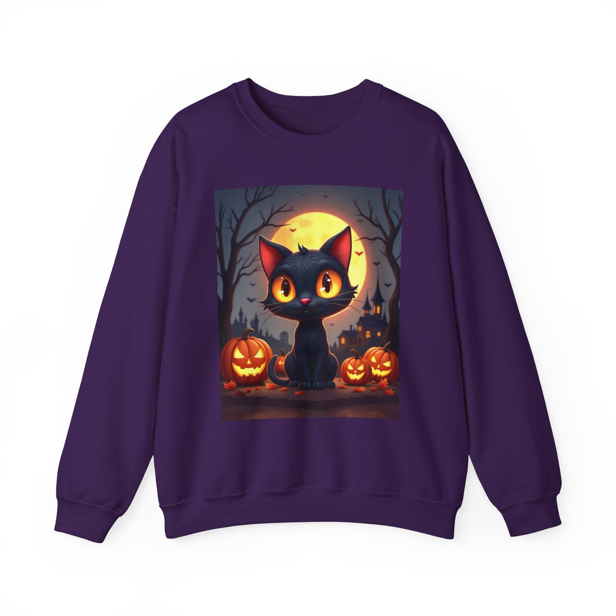 Purple sweatshirt with a Halloween-themed design of a black cat and pumpkins on a white background