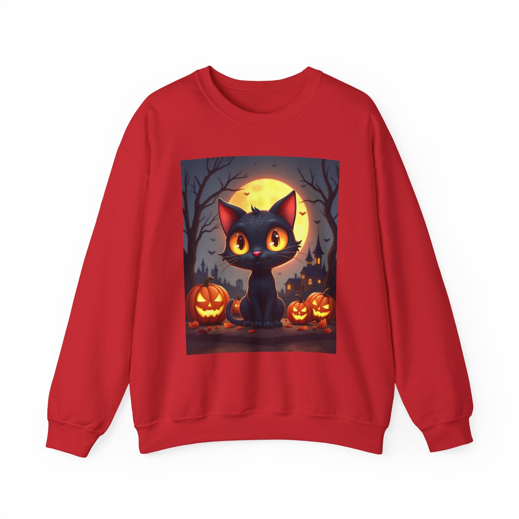 Red sweatshirt with a Halloween-themed black cat graphic on a white background