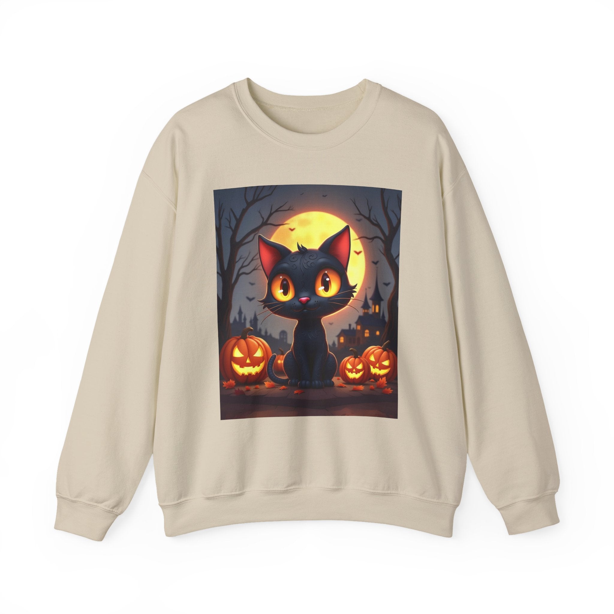 Beige sweatshirt with a Halloween-themed graphic of a black cat and pumpkins on a white background