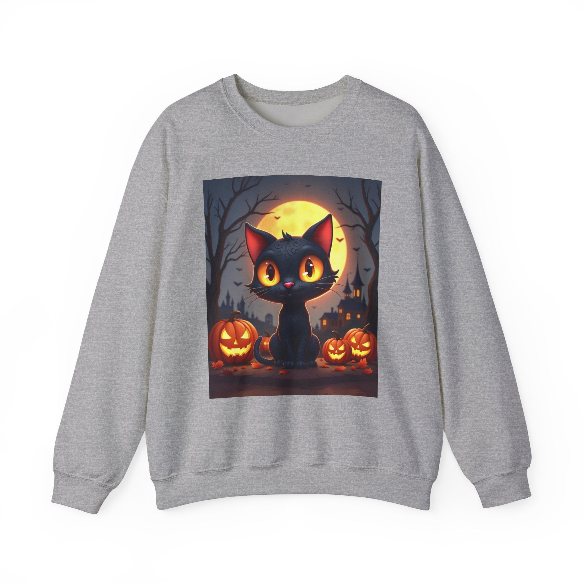 Gray sweatshirt with a Halloween-themed black cat graphic on a white background