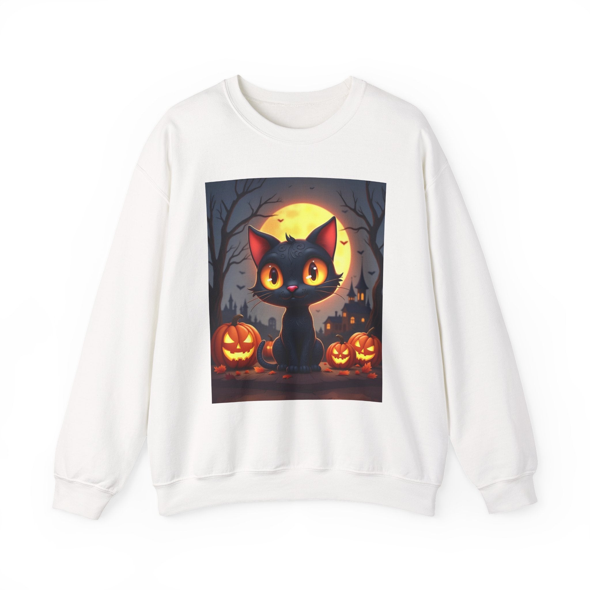 White sweatshirt with a Halloween-themed design featuring a black cat and pumpkins on a white background.