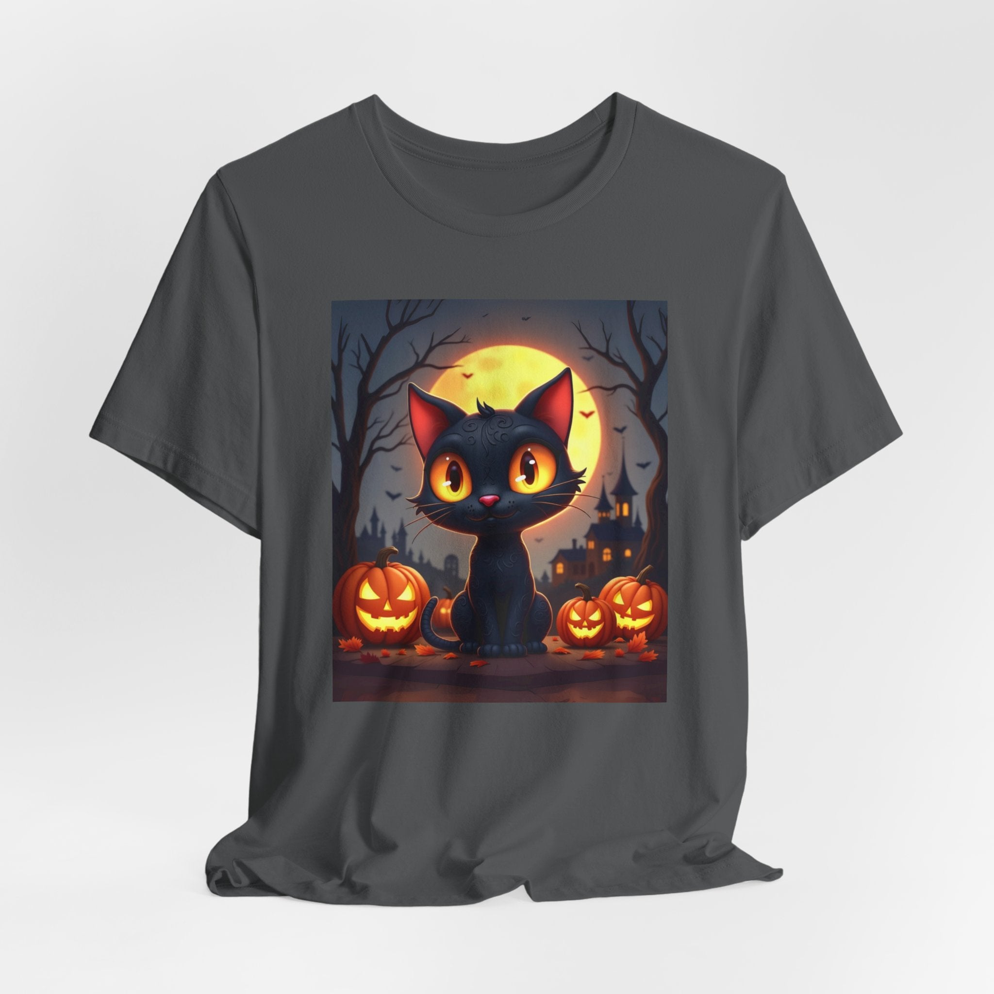 Asphalt gray t-shirt with a Halloween-themed design featuring a black cat, pumpkins, and a full moon.