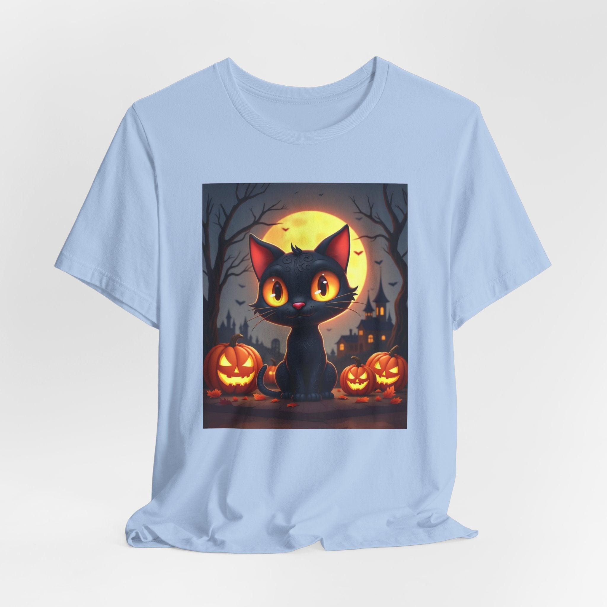 Light blue t-shirt with a Halloween-themed design featuring a black cat and pumpkins on a white background.