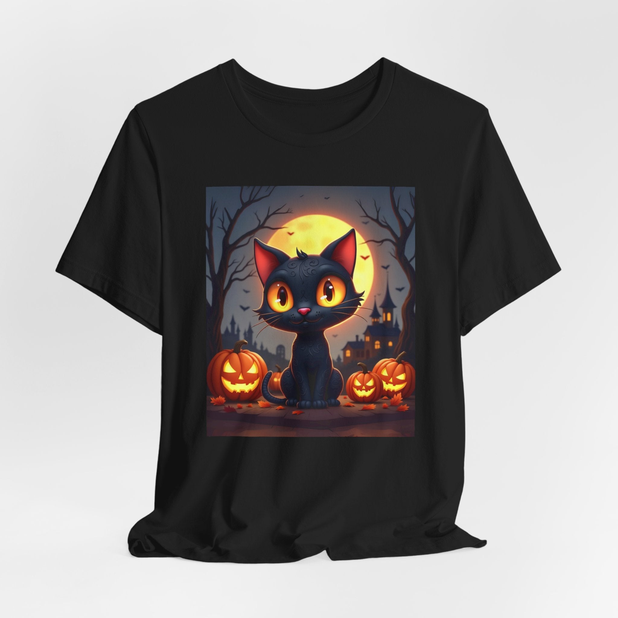 Black t-shirt with a Halloween-themed design of a black cat, pumpkins, and a full moon on a white background.