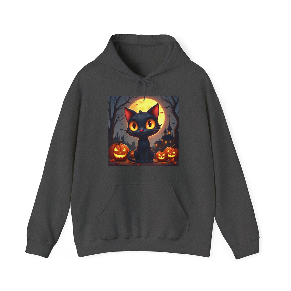 Dark gray hoodie with a Halloween-themed design of a black cat and pumpkins on a white background