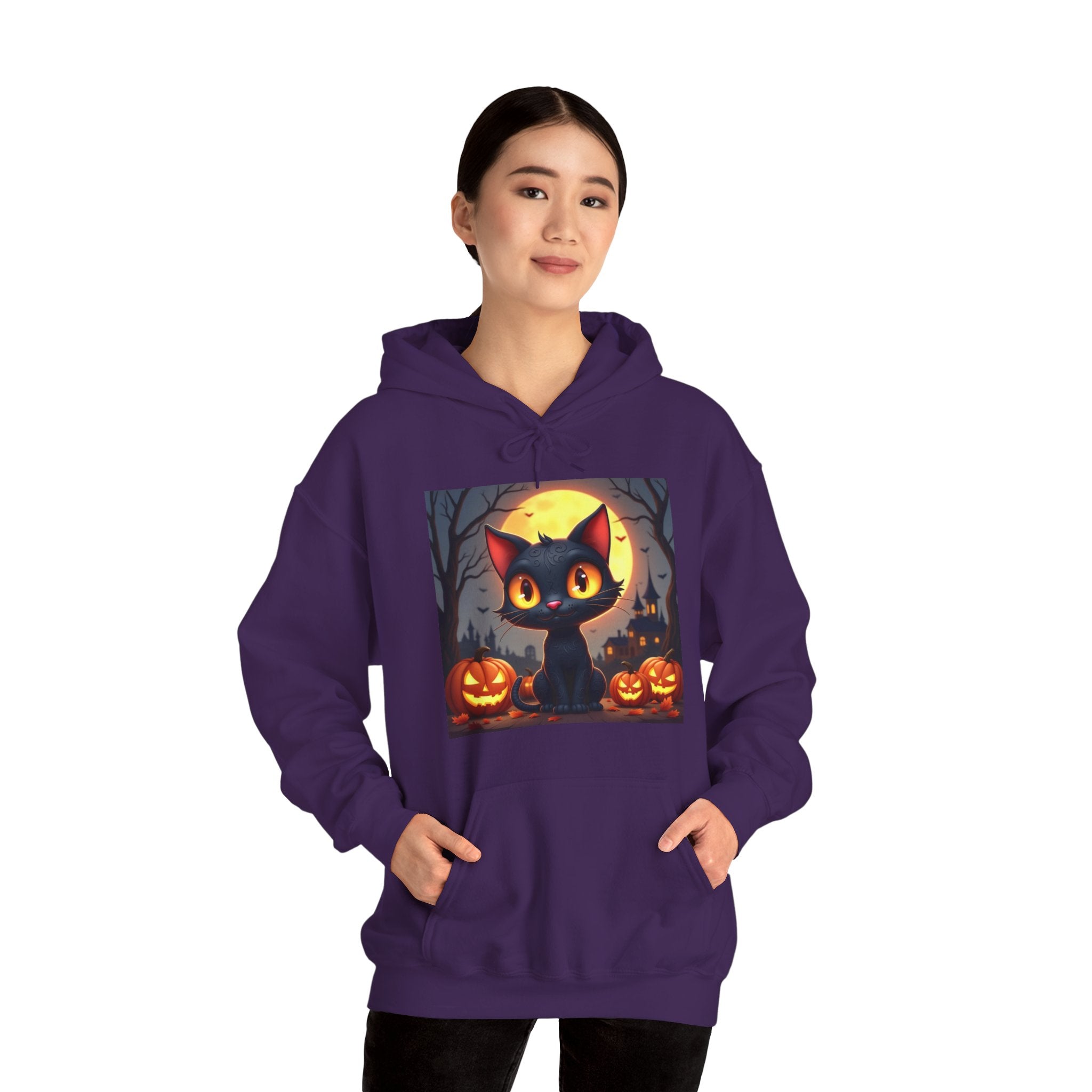 Person wearing a purple hoodie with a Halloween-themed design featuring a black cat and pumpkins.