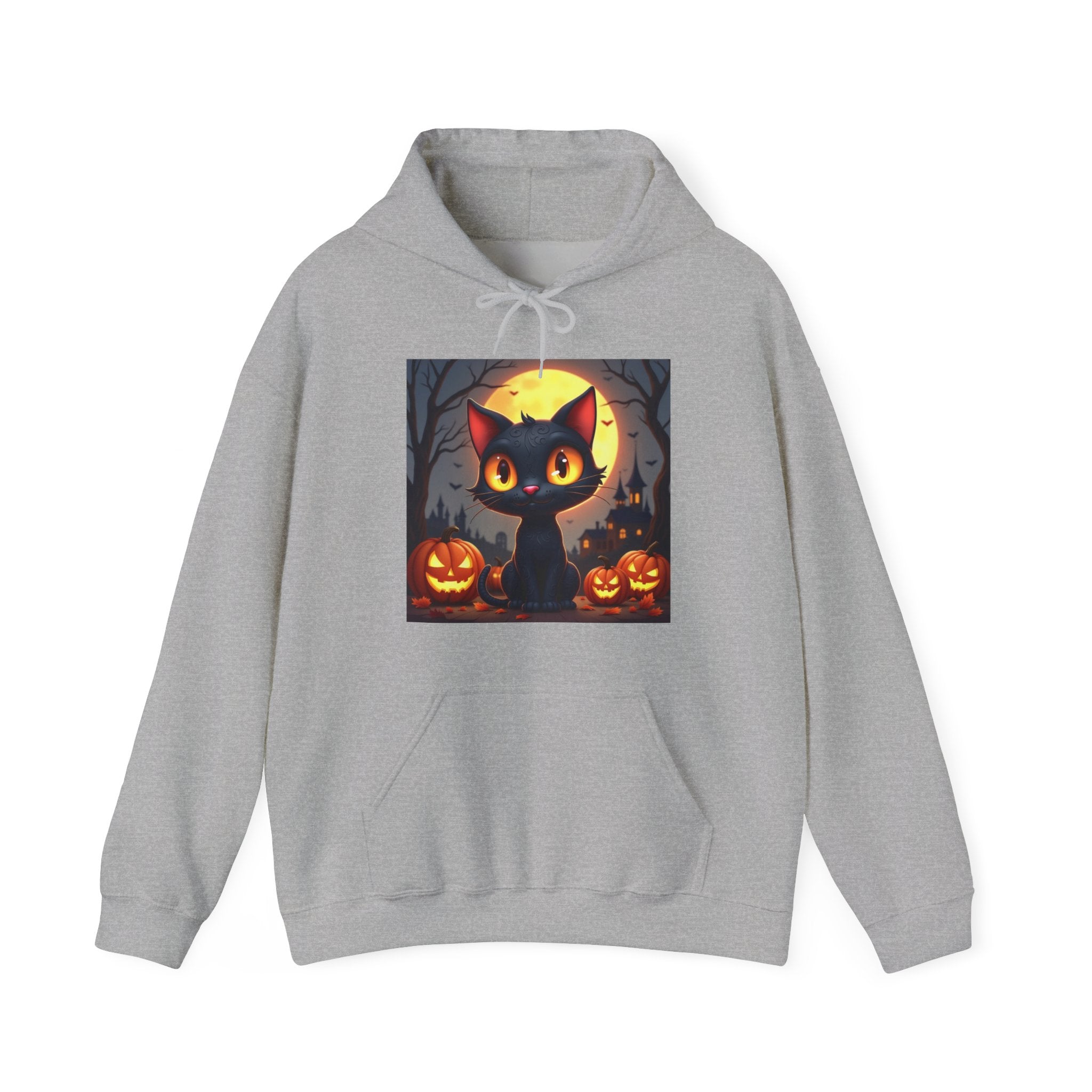 Gray hoodie with a Halloween-themed design featuring a black cat and pumpkins on a white background.