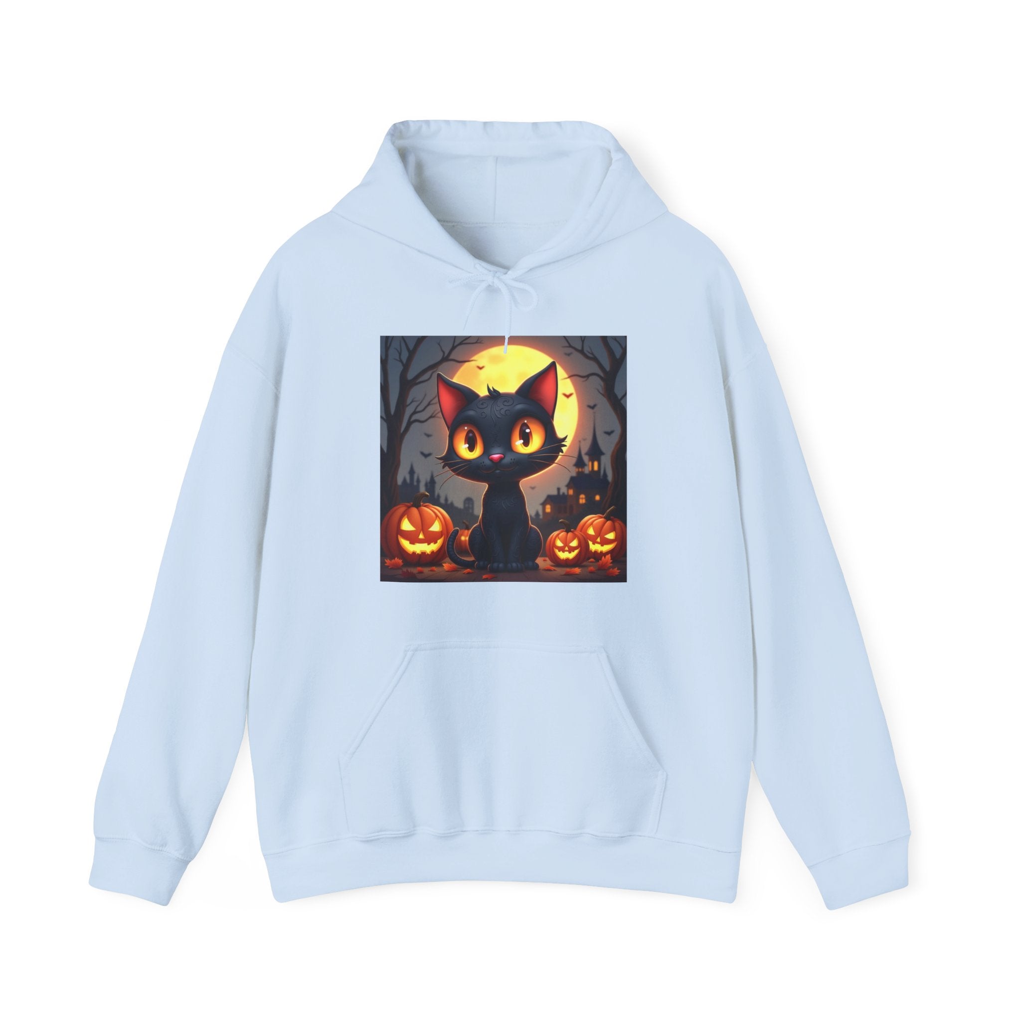 Light blue hoodie with a Halloween-themed black cat graphic on a white background