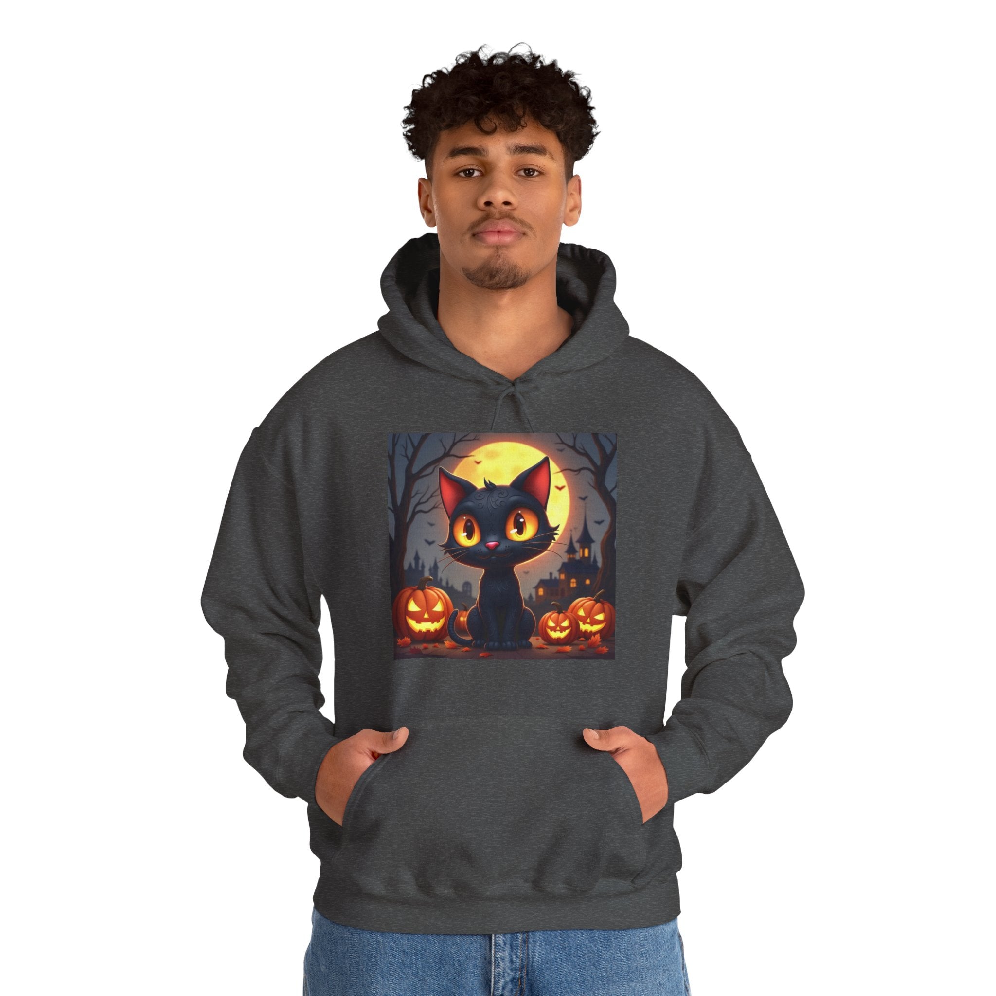 Person wearing a dark gray hoodie with a Halloween-themed design of a black cat and pumpkins.