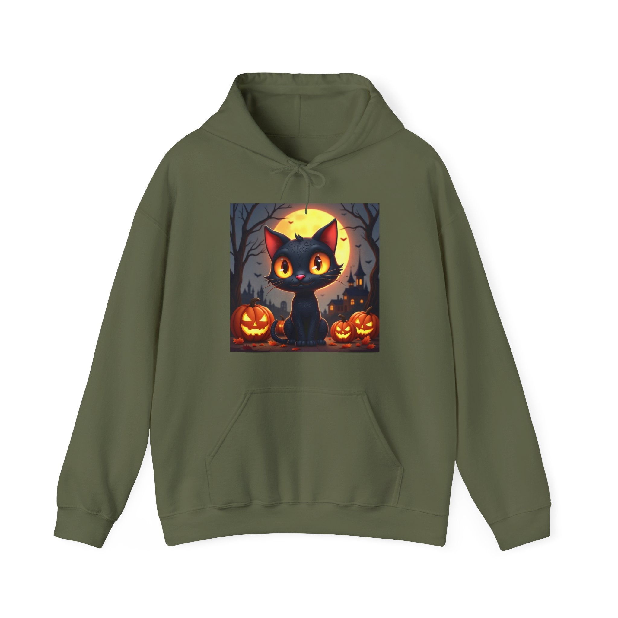 Military green hoodie with a Halloween-themed graphic of a black cat and pumpkins on a white background