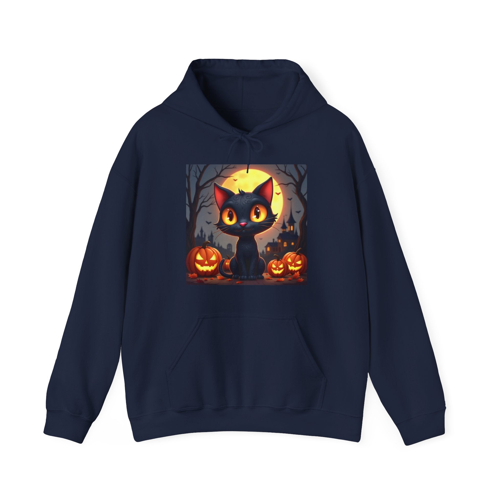 Navy blue hoodie with a Halloween-themed design featuring a black cat and pumpkins on a white background.