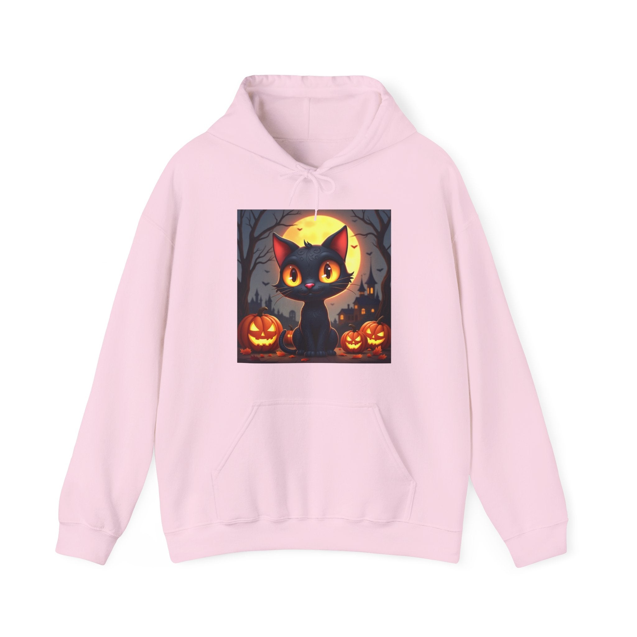 Pink hoodie with a Halloween-themed design featuring a black cat and pumpkins on a white background.