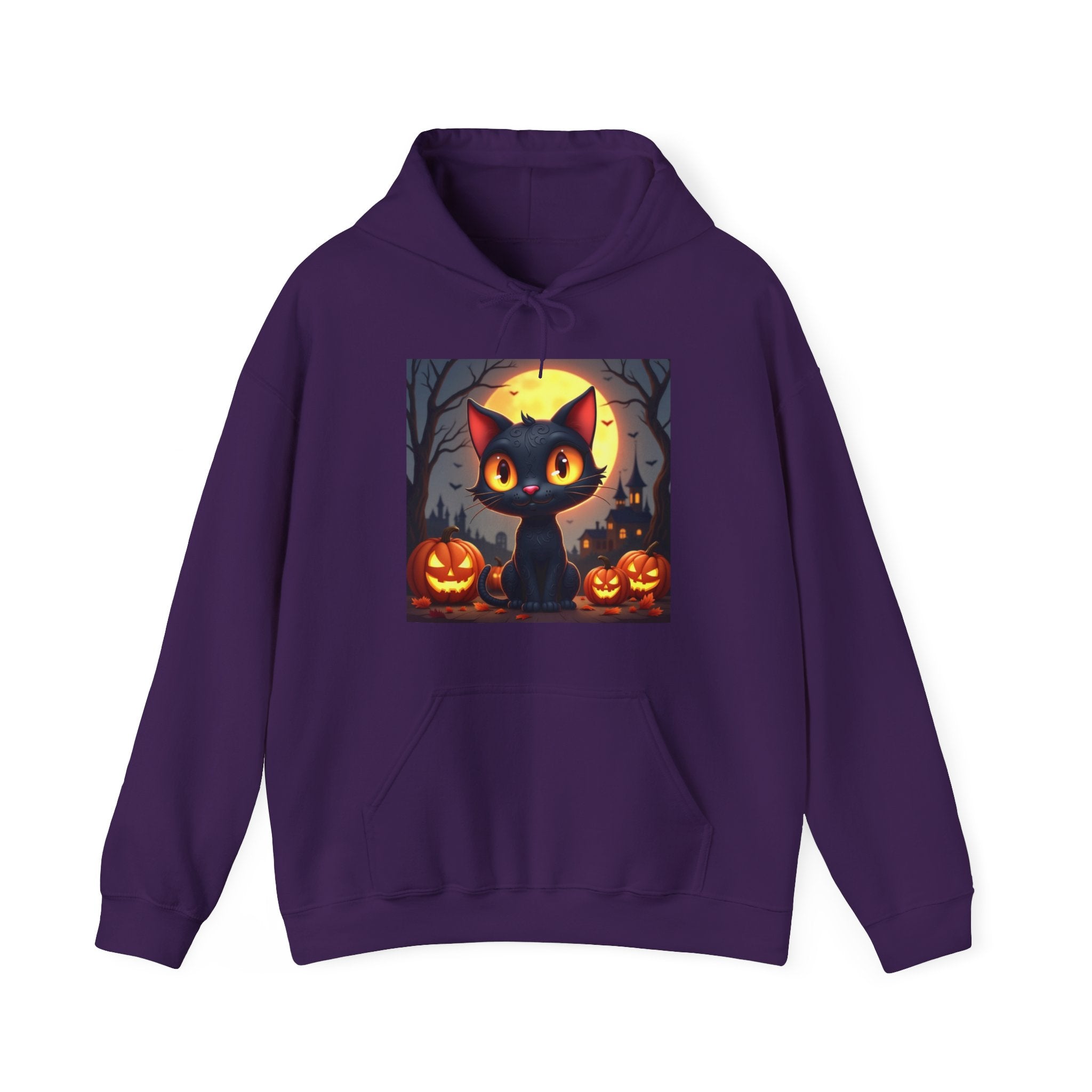 Purple hoodie with a Halloween-themed design featuring a black cat and pumpkins on a white background.