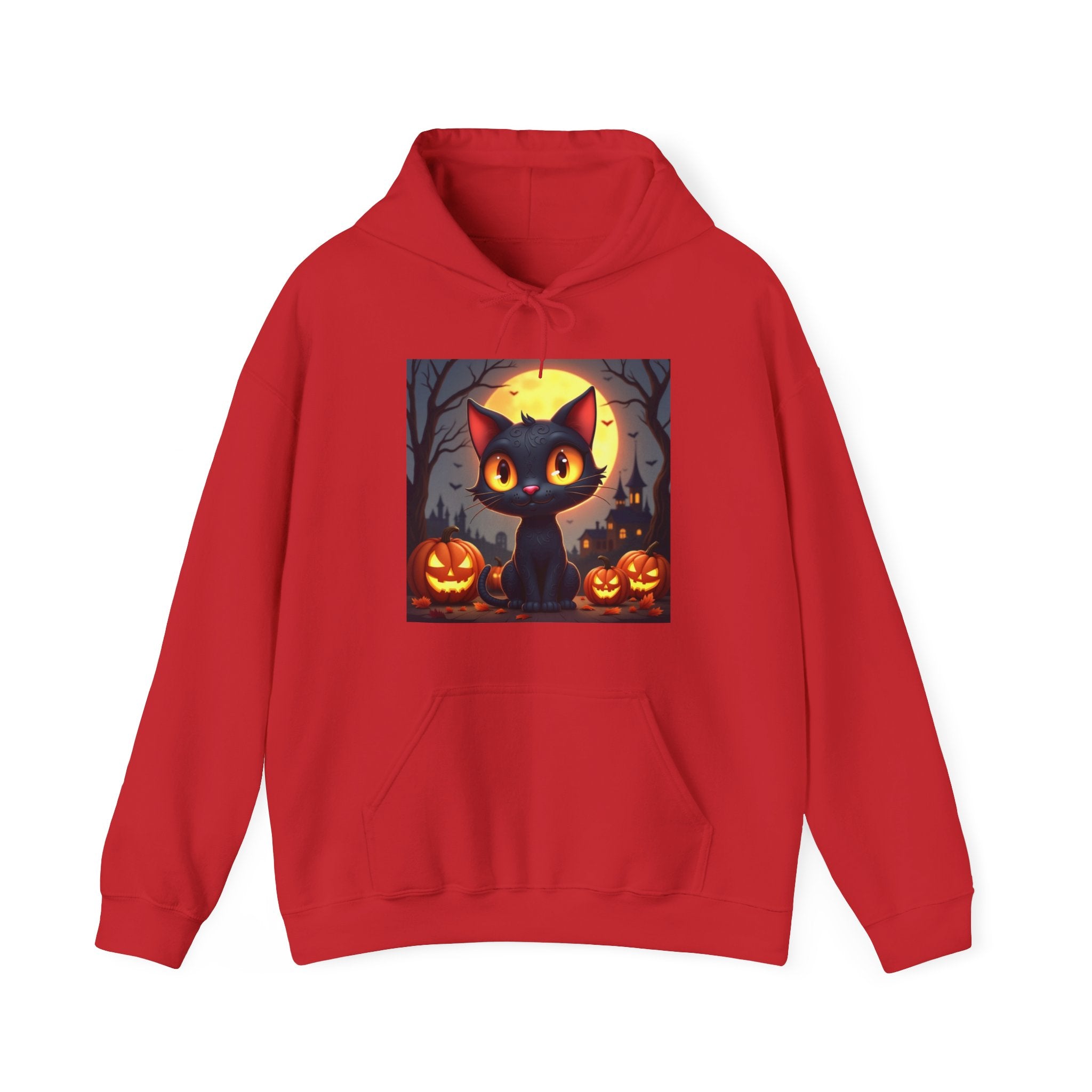 Red hoodie with a Halloween-themed black cat and pumpkins design on a white background