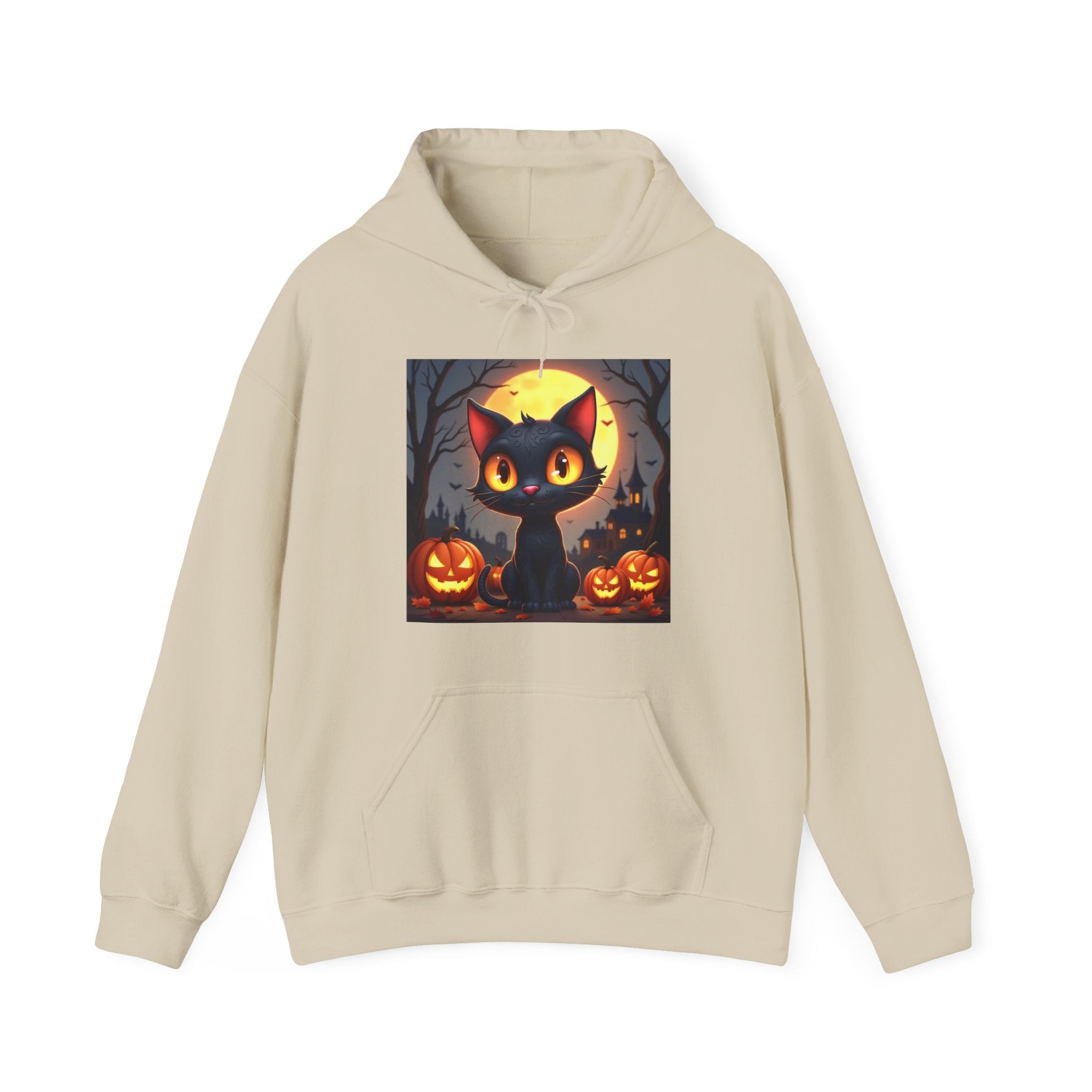 Beige hoodie with a Halloween-themed graphic of a black cat and pumpkins on a white background