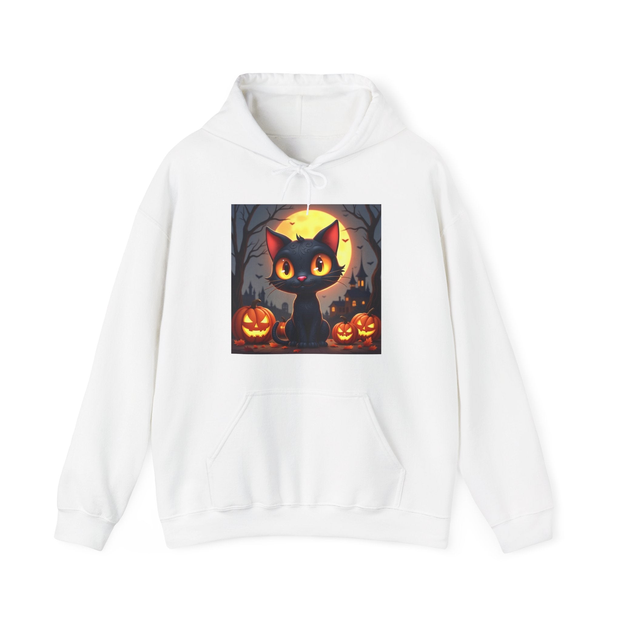 White hoodie with a Halloween-themed design featuring a black cat and pumpkins on a white background.
