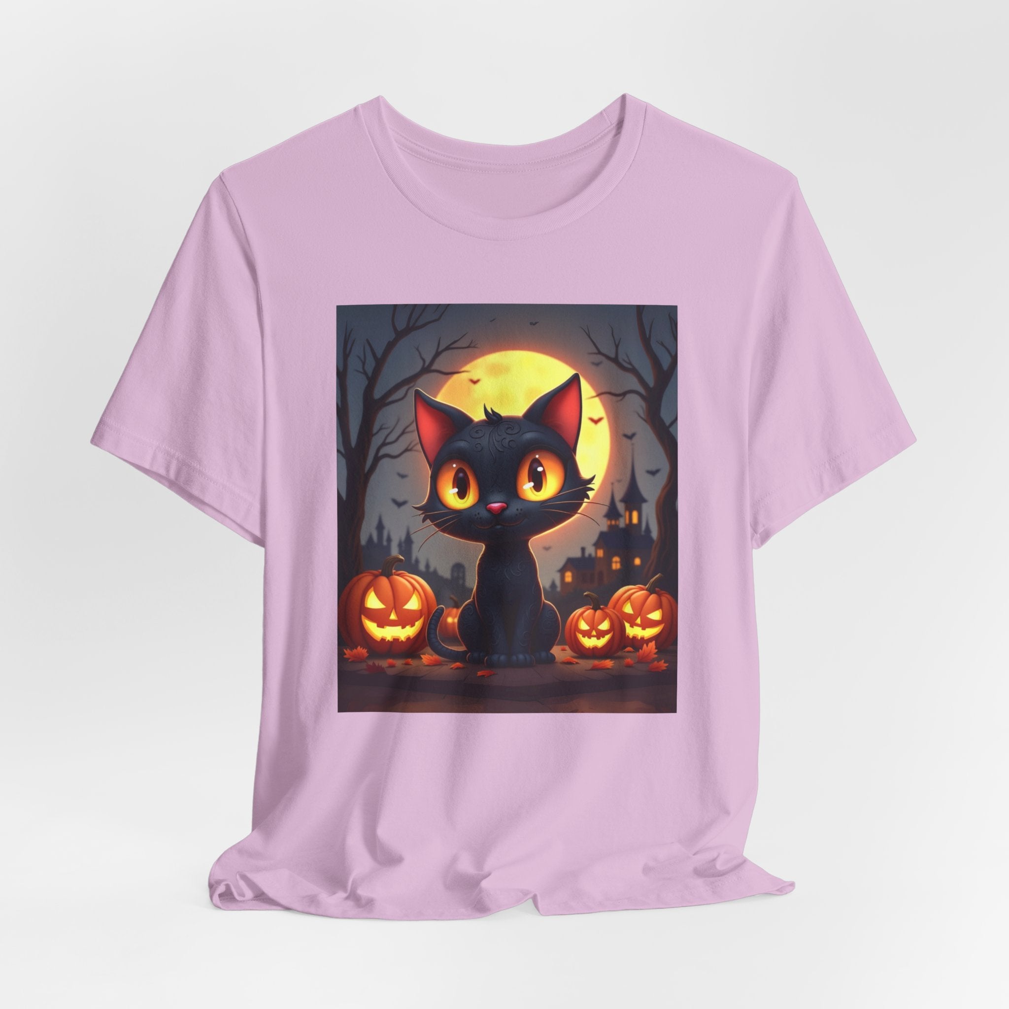 Lilac light purple t-shirt with a Halloween-themed graphic of a black cat and pumpkins on a white background