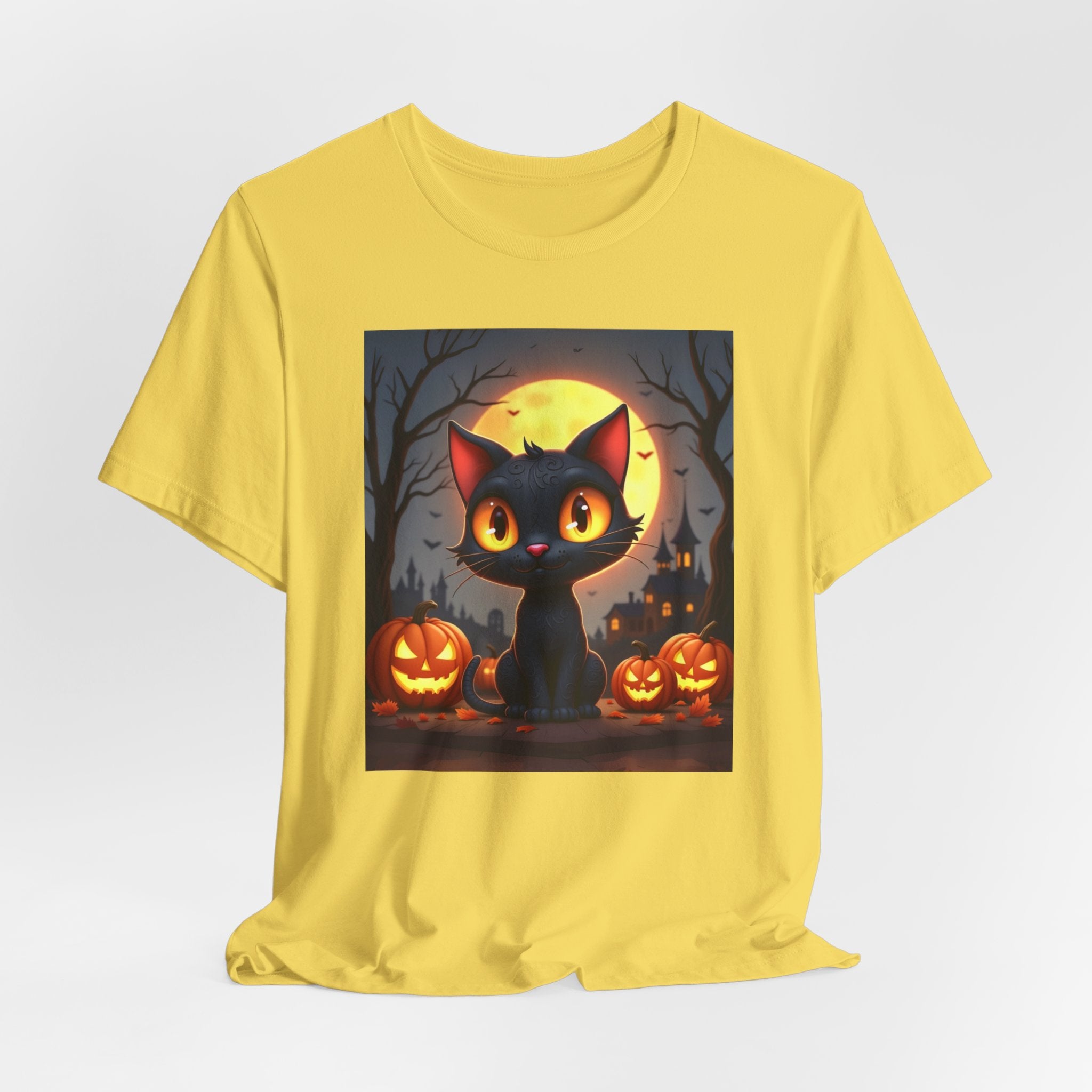 Maze yellow t-shirt with a Halloween-themed graphic of a black cat and pumpkins on a white background