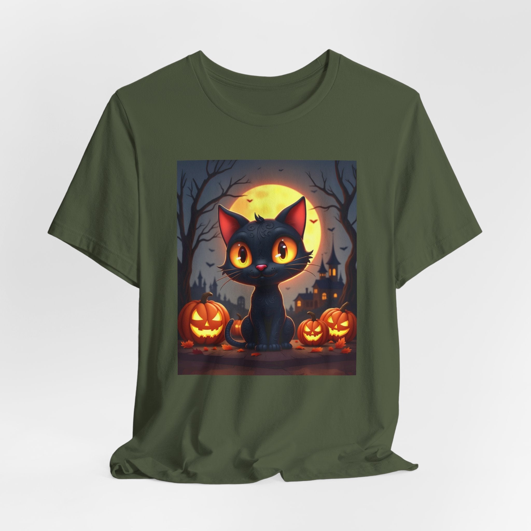Military green t-shirt with a Halloween-themed design featuring a black cat, pumpkins, and a full moon.