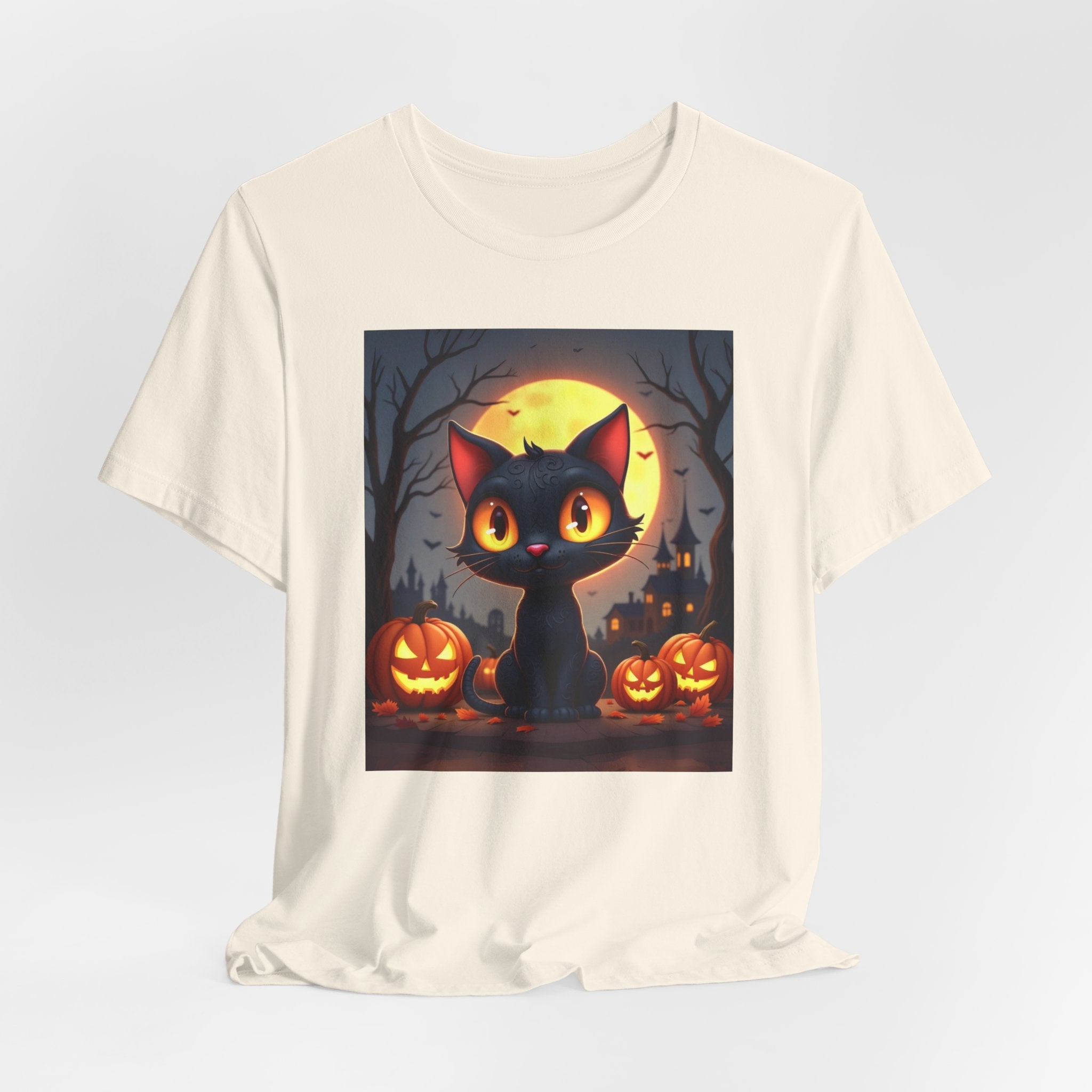Natural white t-shirt with a Halloween-themed graphic of a black cat and pumpkins on a light gray background