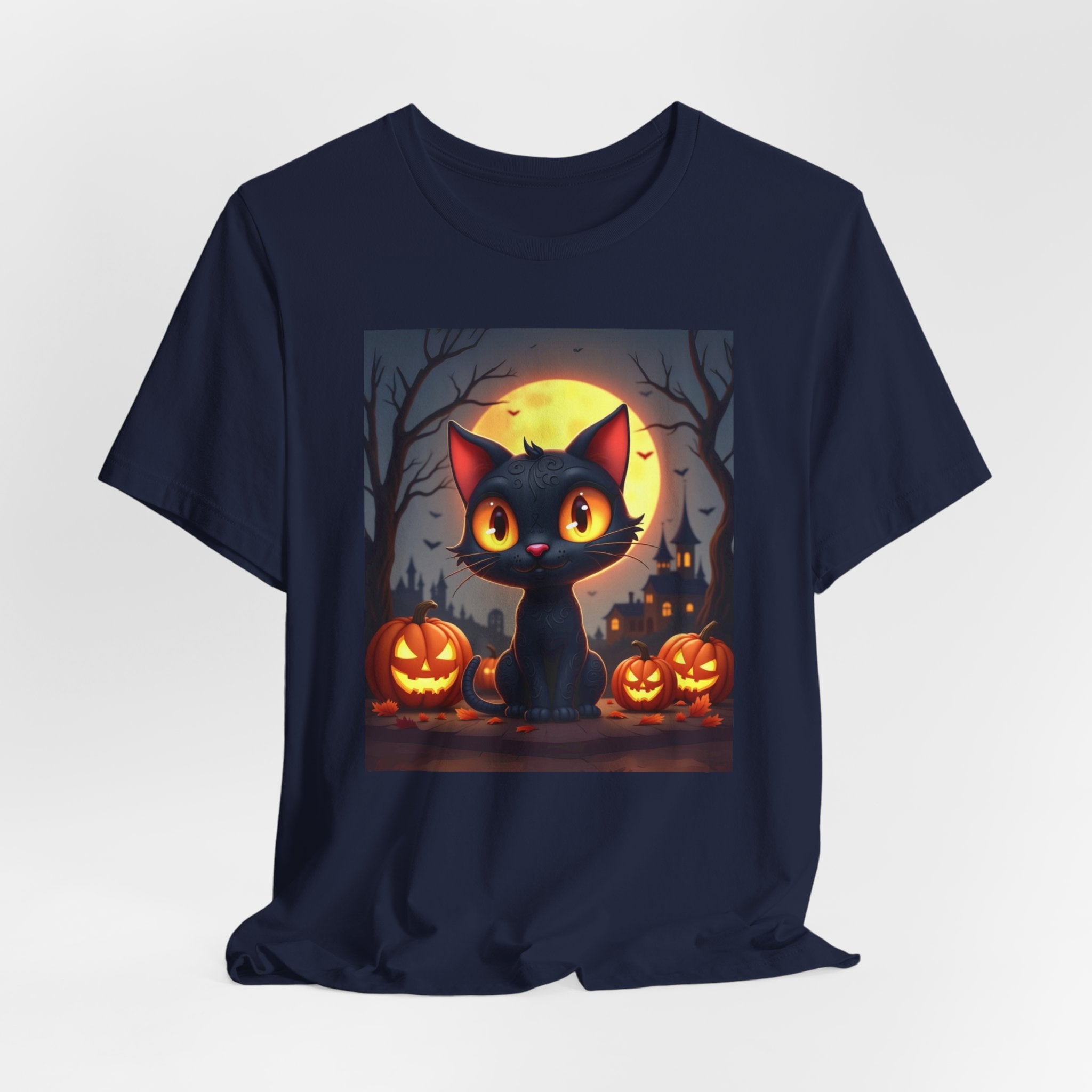 Navy blue t-shirt with a Halloween-themed design featuring a black cat, pumpkins, and a full moon.