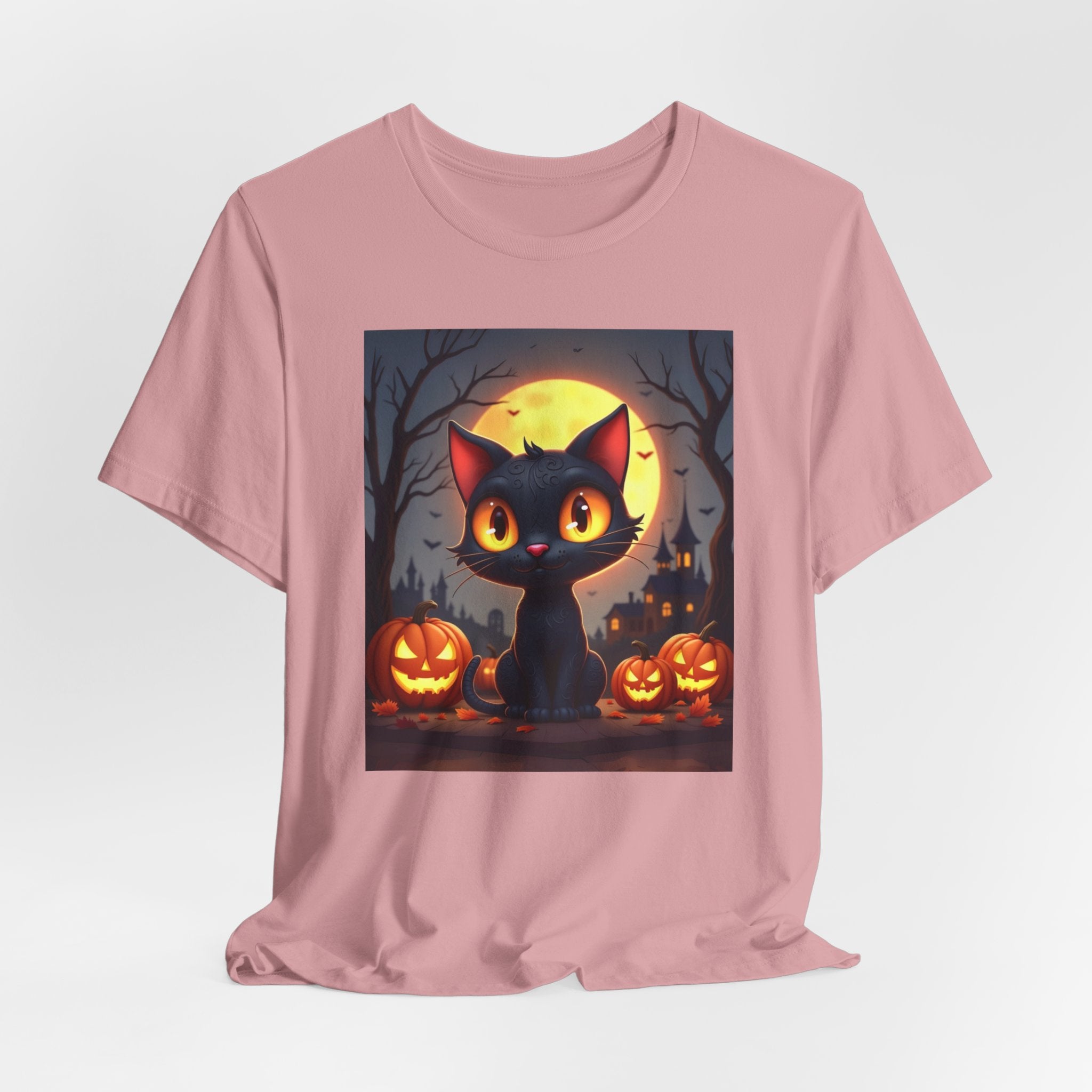 Orchid pink t-shirt with a Halloween-themed graphic of a black cat and pumpkins on a white background