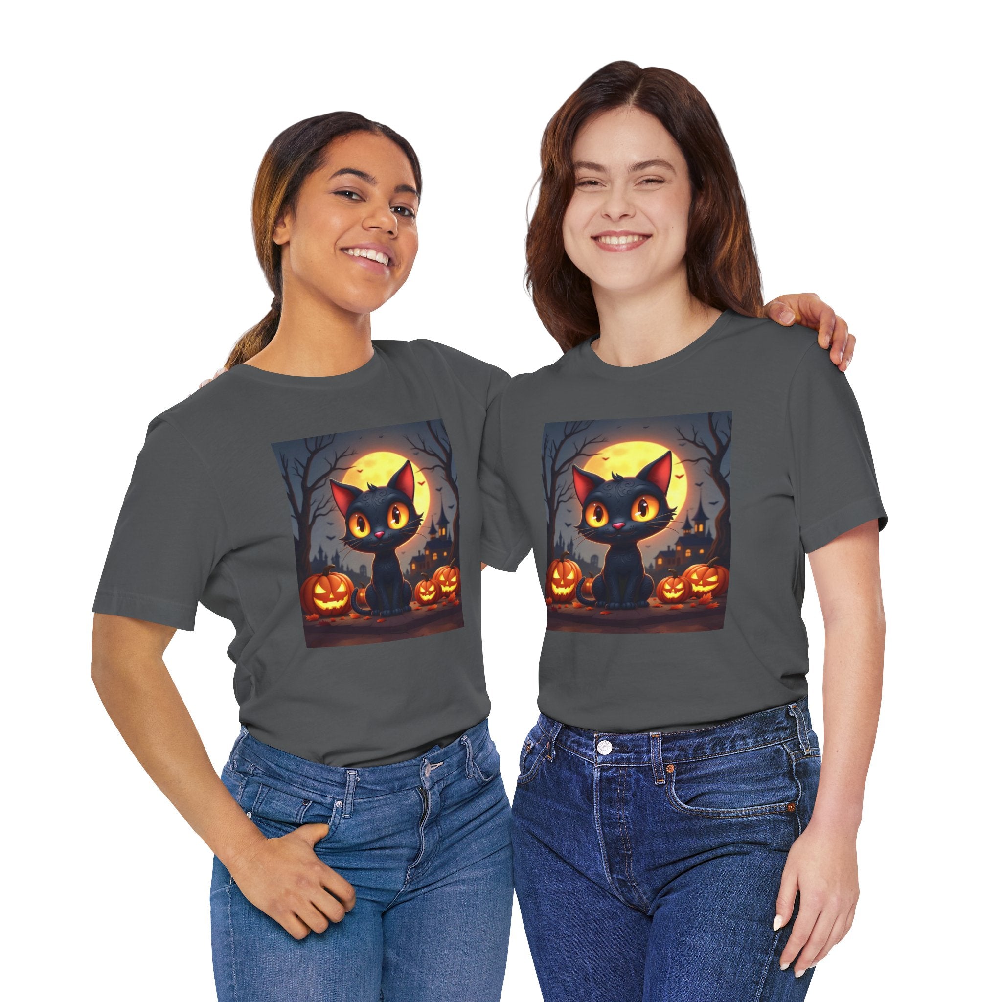 Two people wearing dark gray t-shirts with a Halloween design of a black cat and pumpkins.
