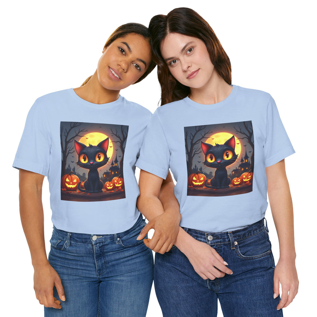 Two people wearing light blue t-shirts with a Halloween design of a black cat and pumpkins.