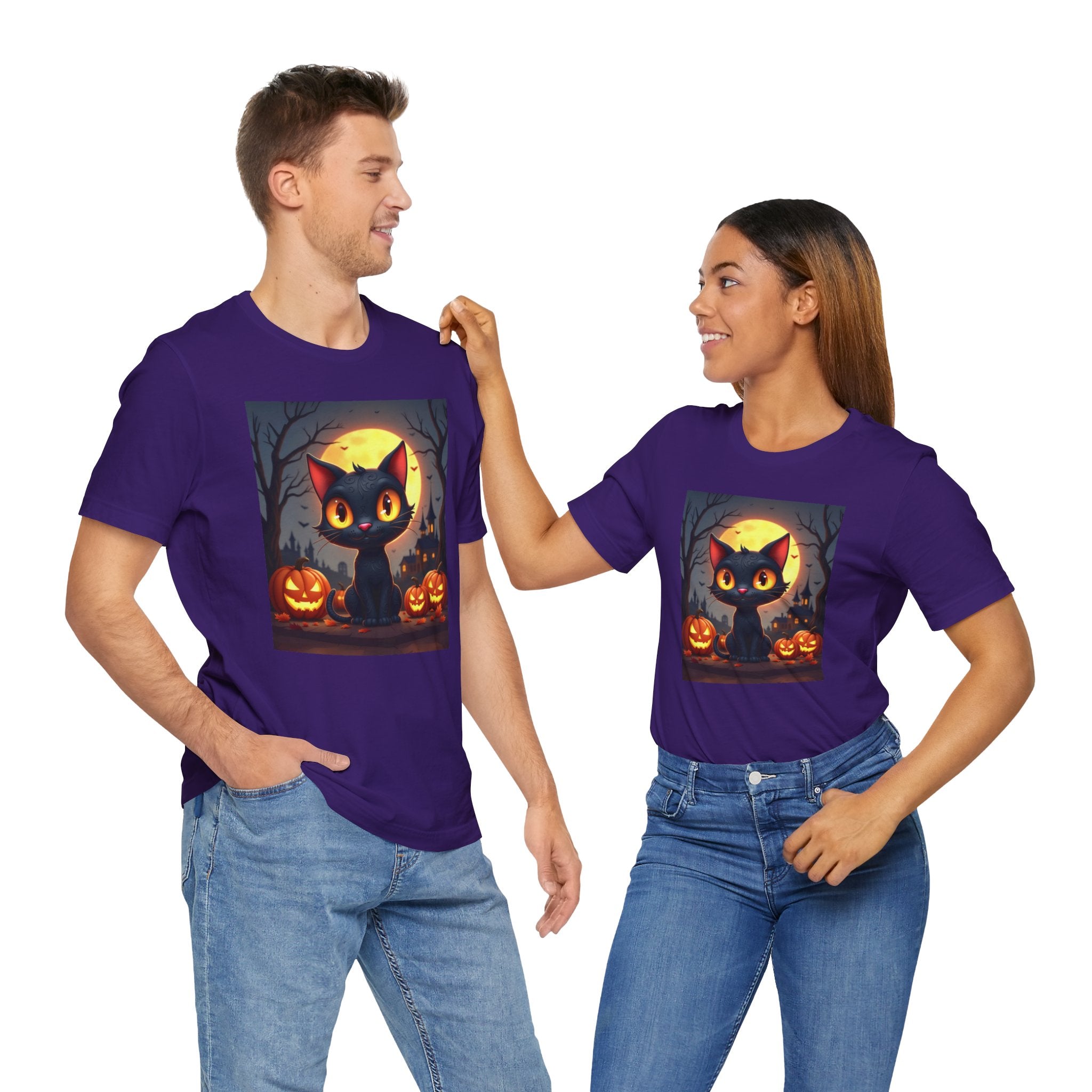 Two people wearing purple t-shirts with a Halloween design of a black cat and pumpkins.