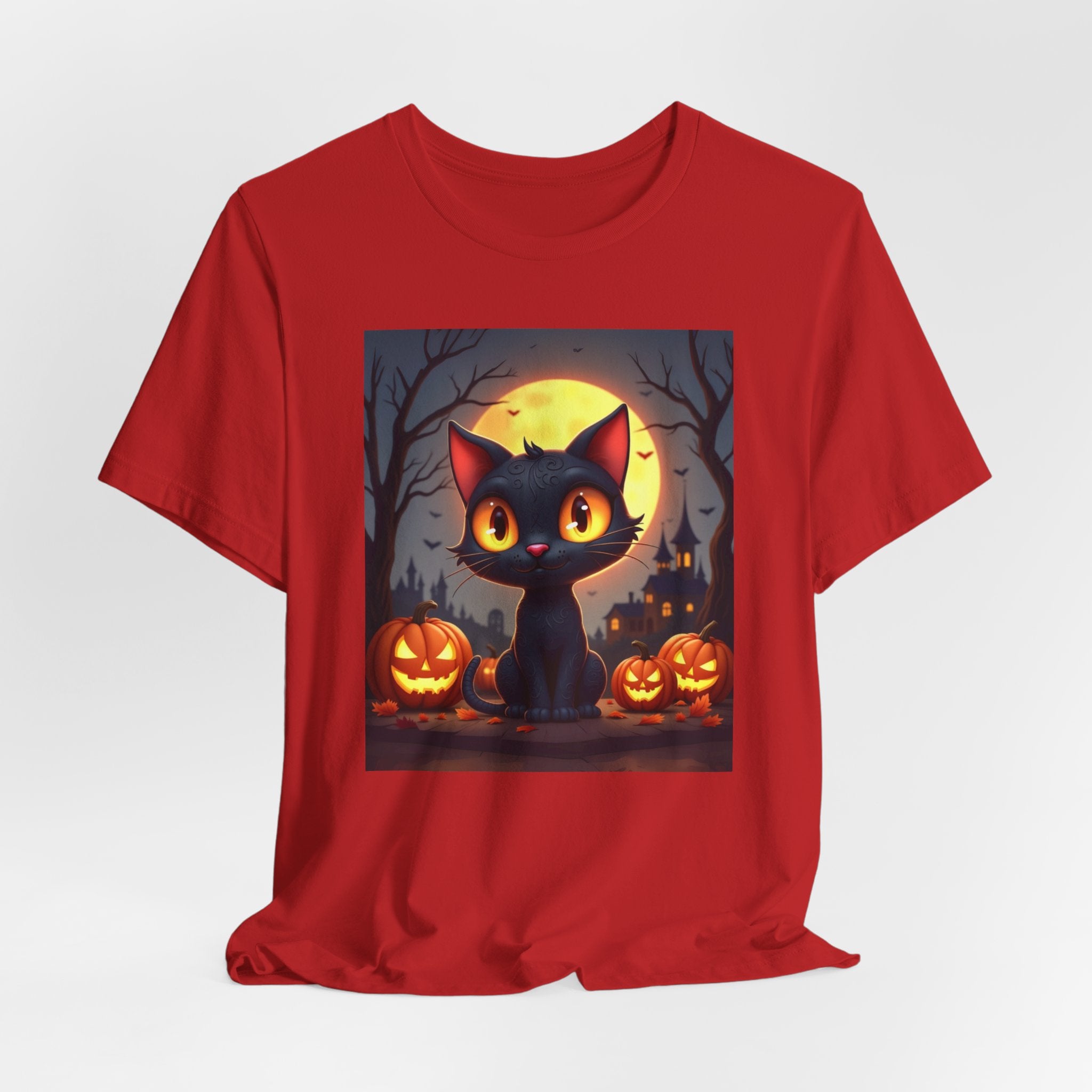 Red t-shirt with a Halloween-themed graphic of a black cat and pumpkins on a white background