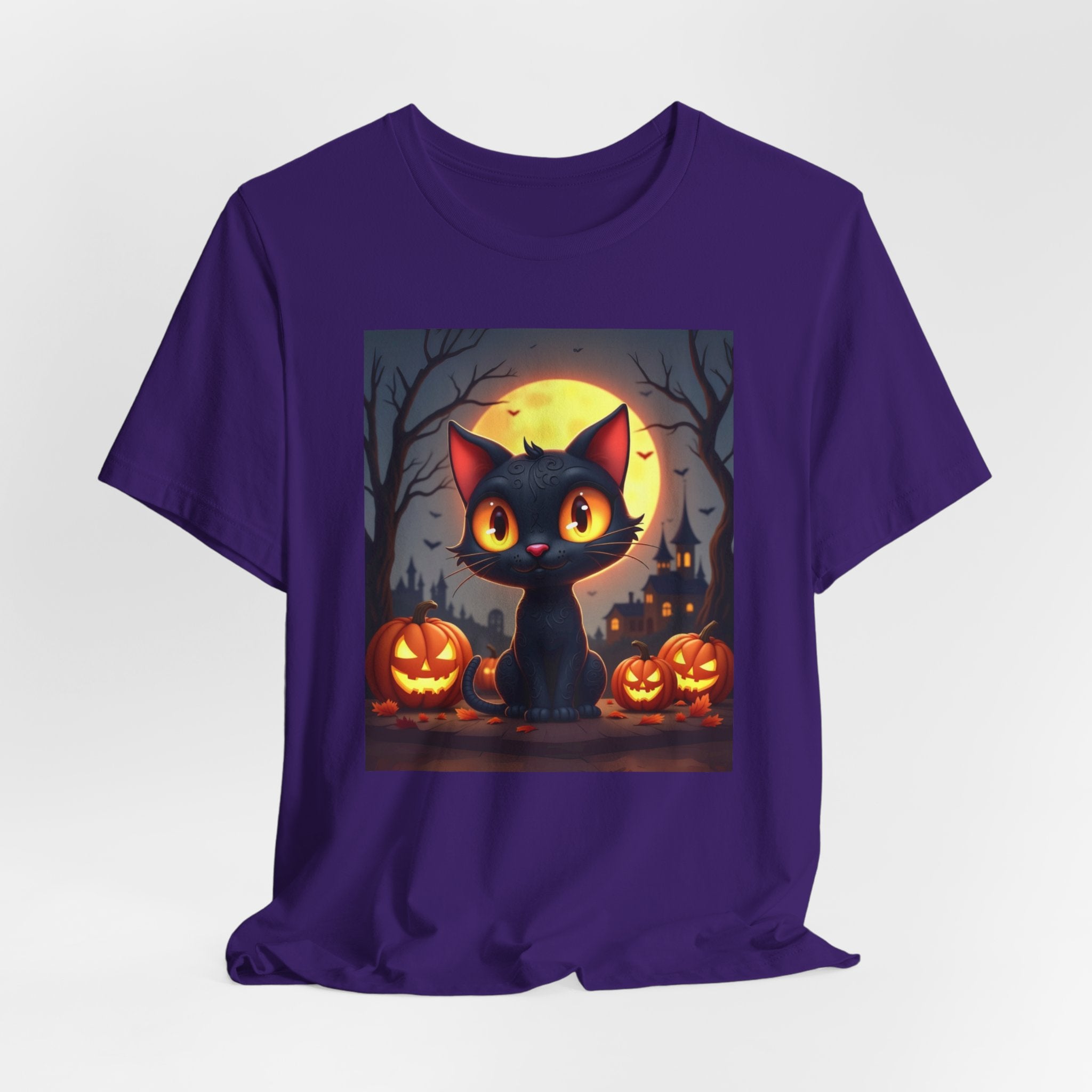 Purple t-shirt with a Halloween-themed design featuring a black cat, pumpkins, and a full moon.