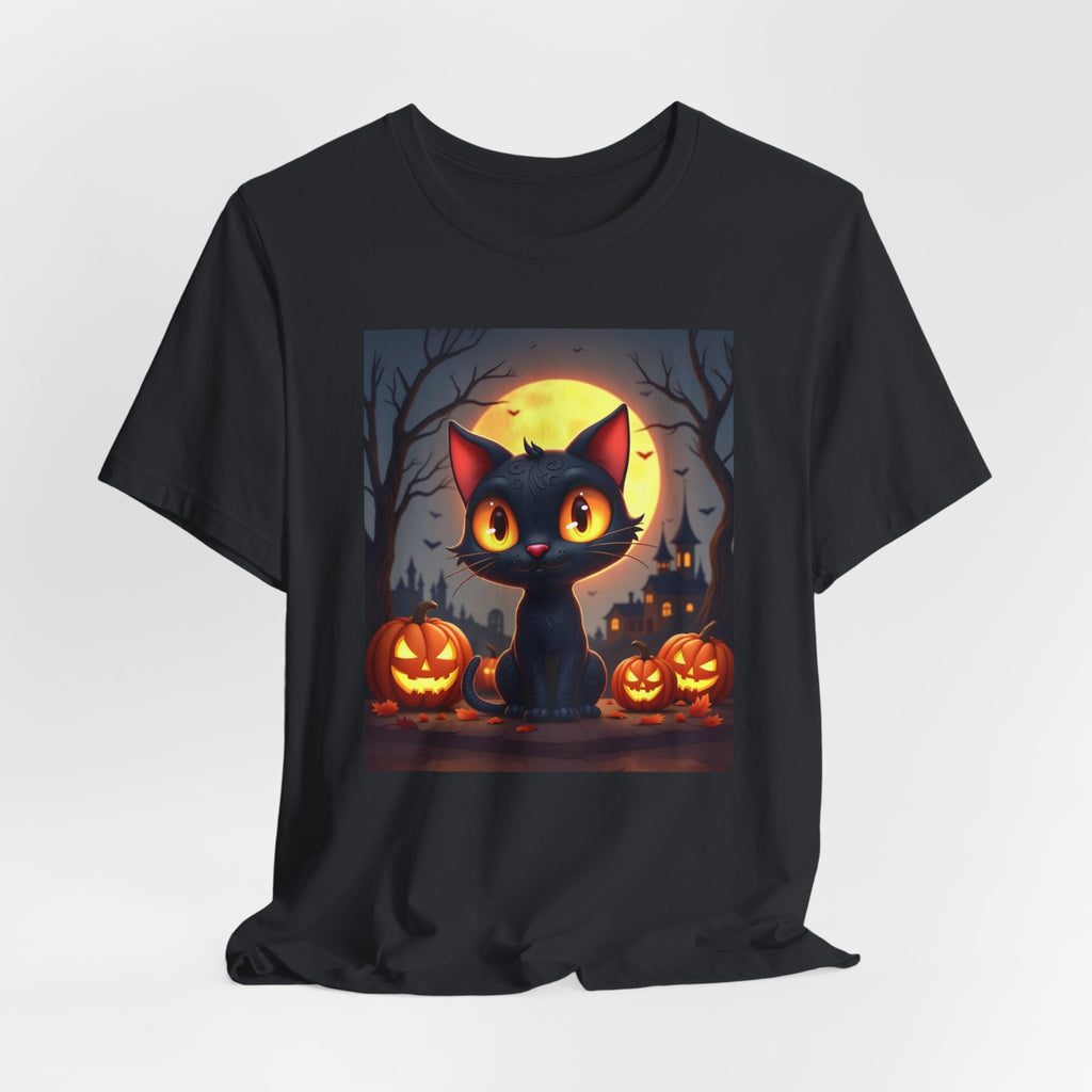 Vintage black t-shirt with a Halloween design of a black cat, pumpkins, and a full moon on a white background.