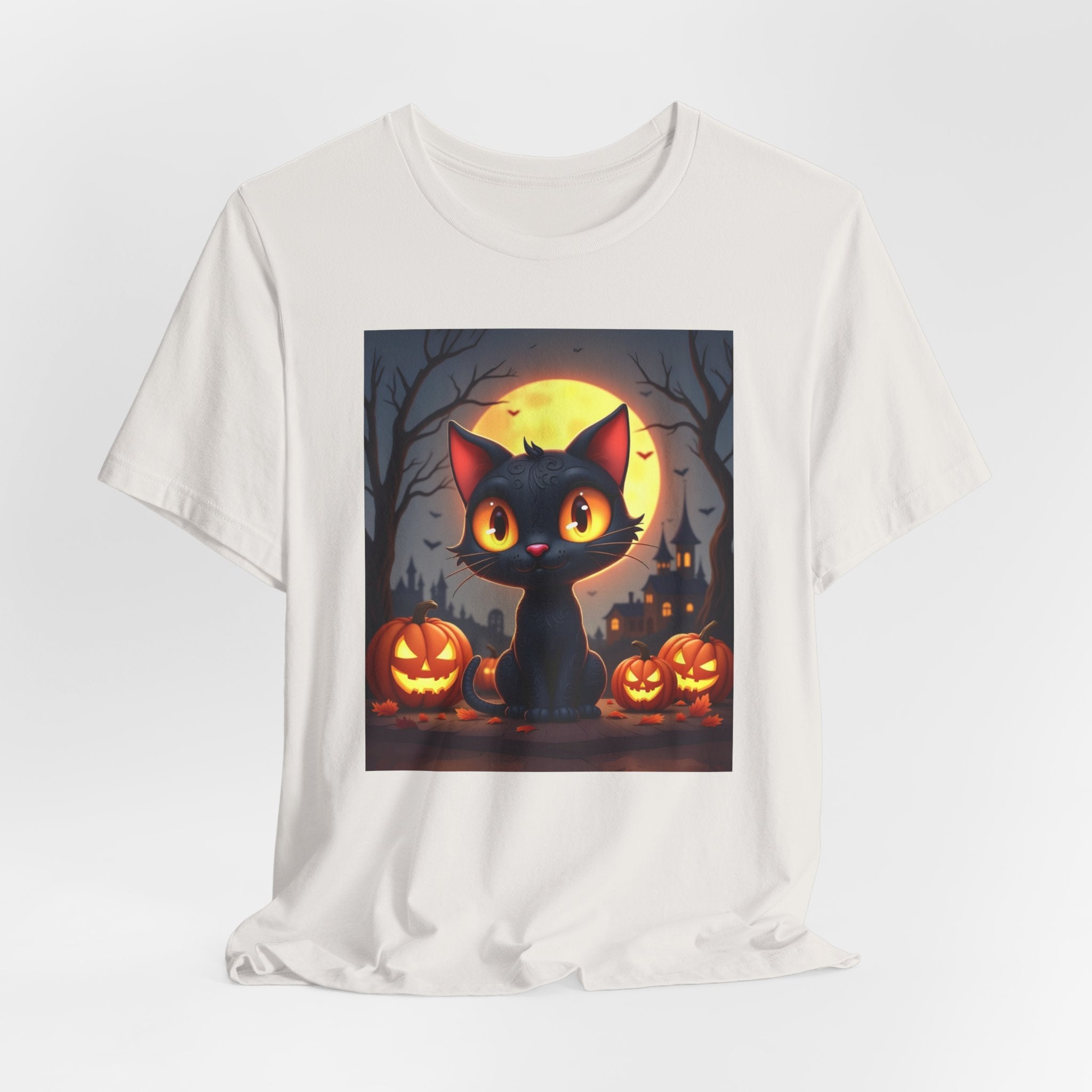 Vintage white t-shirt with a Halloween-themed graphic of a black cat and pumpkins on a white background