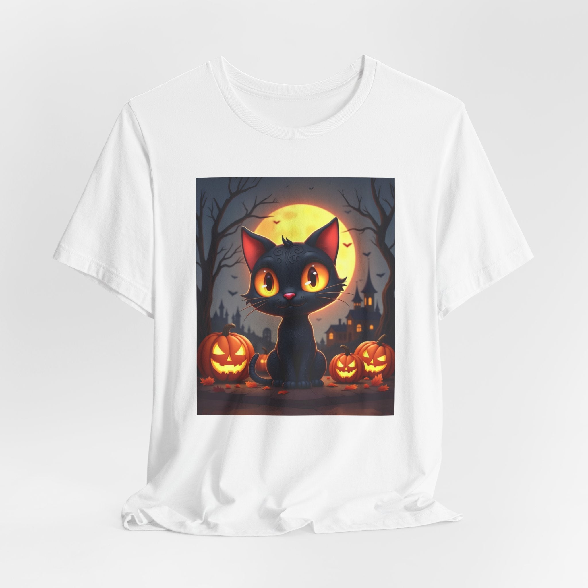 White t-shirt with a Halloween-themed design featuring a black cat and pumpkins on a white background.
