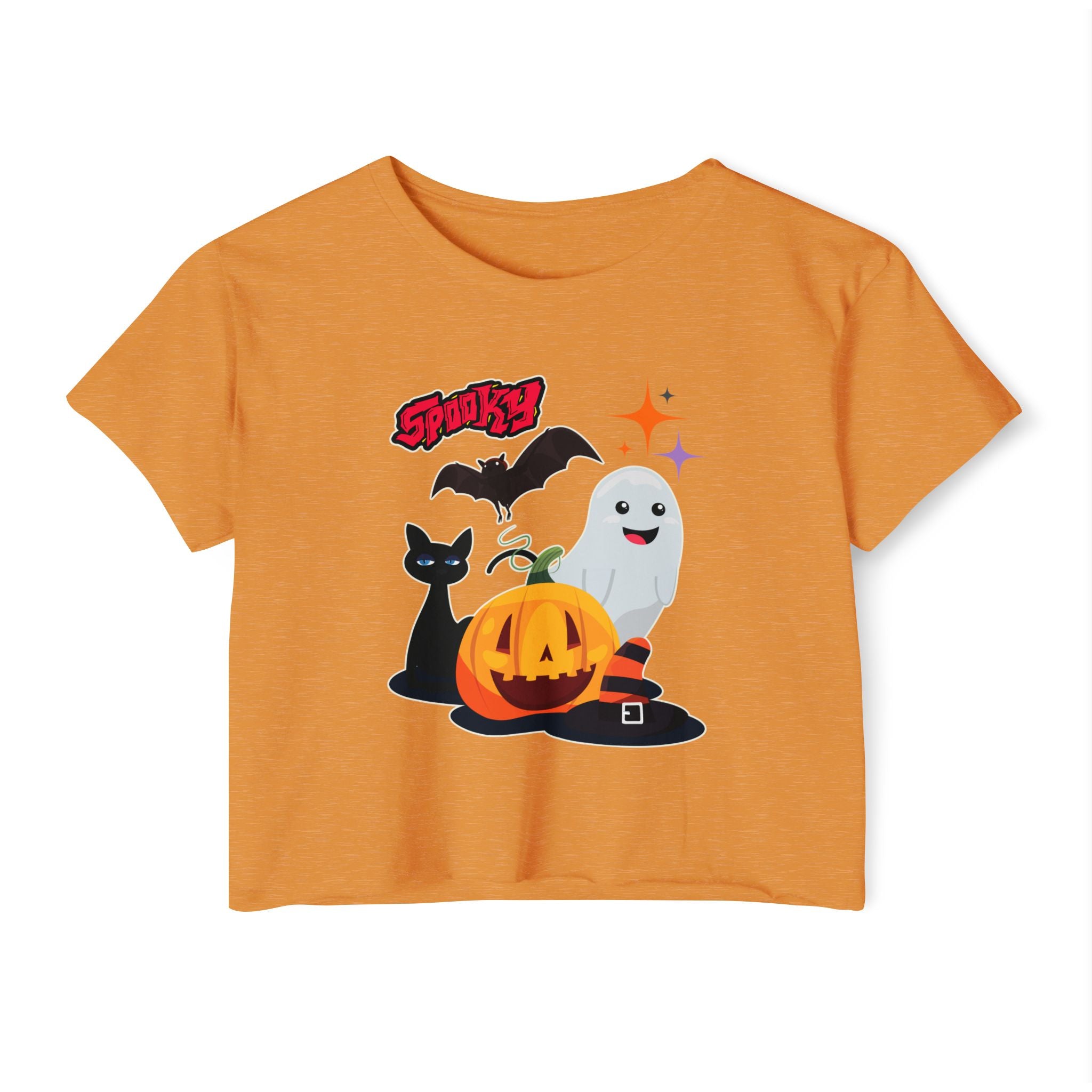 Antique gold t-shirt with Halloween-themed graphics including a pumpkin, ghost, cat, and bat on a white background.