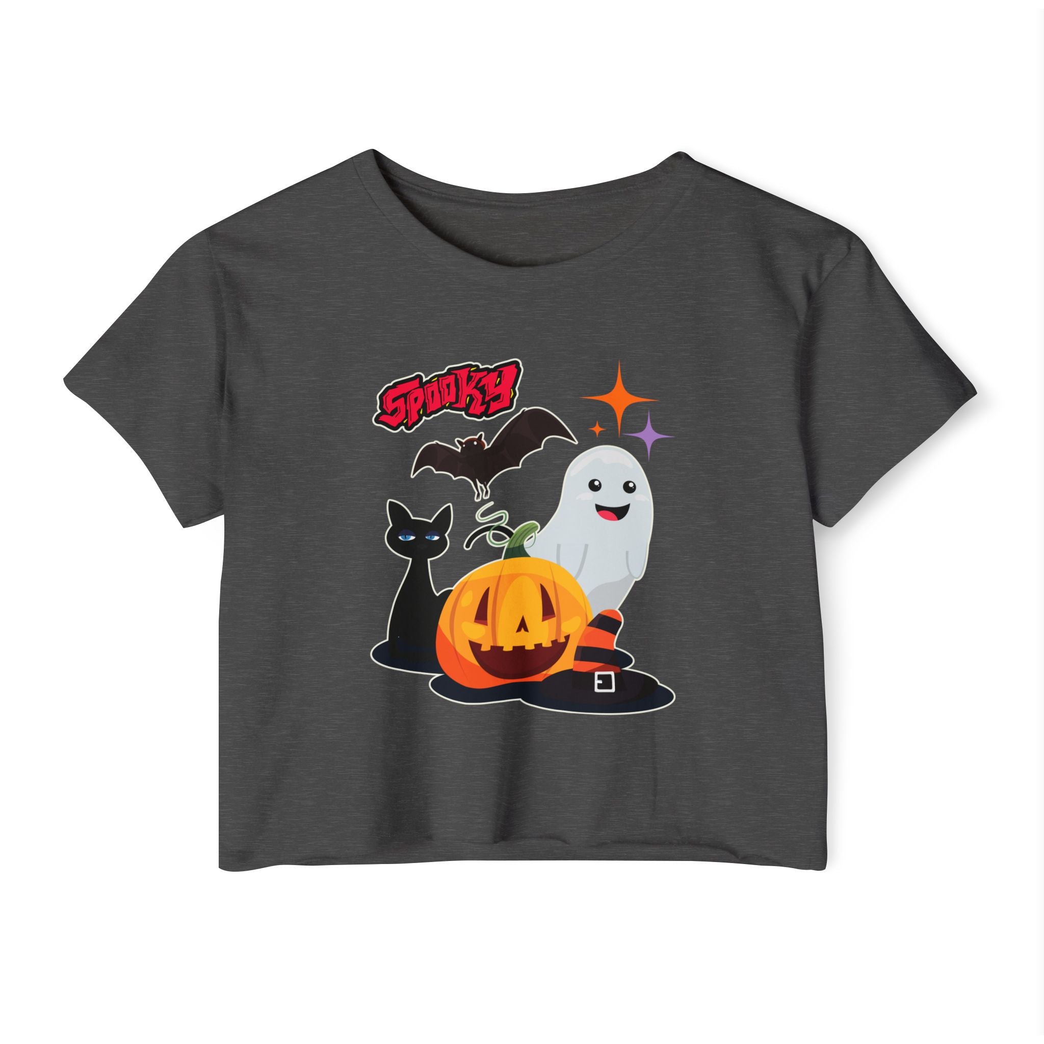 Charcoal t-shirt with Halloween-themed graphics including a pumpkin, ghost, cat, and bat on a white background.