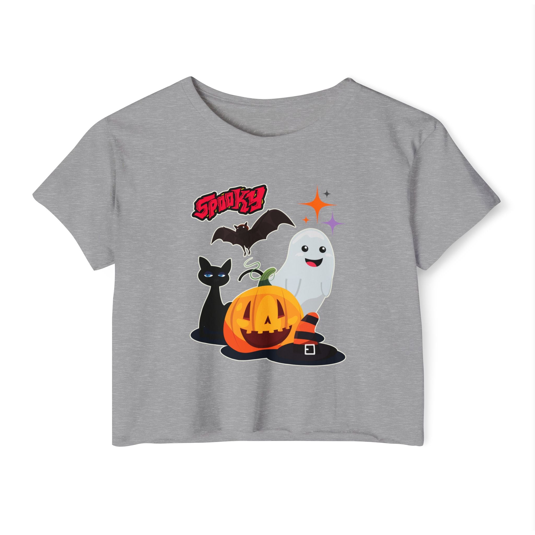Grey t-shirt with Halloween-themed graphics including a pumpkin, ghost, cat, and bat on a white background.