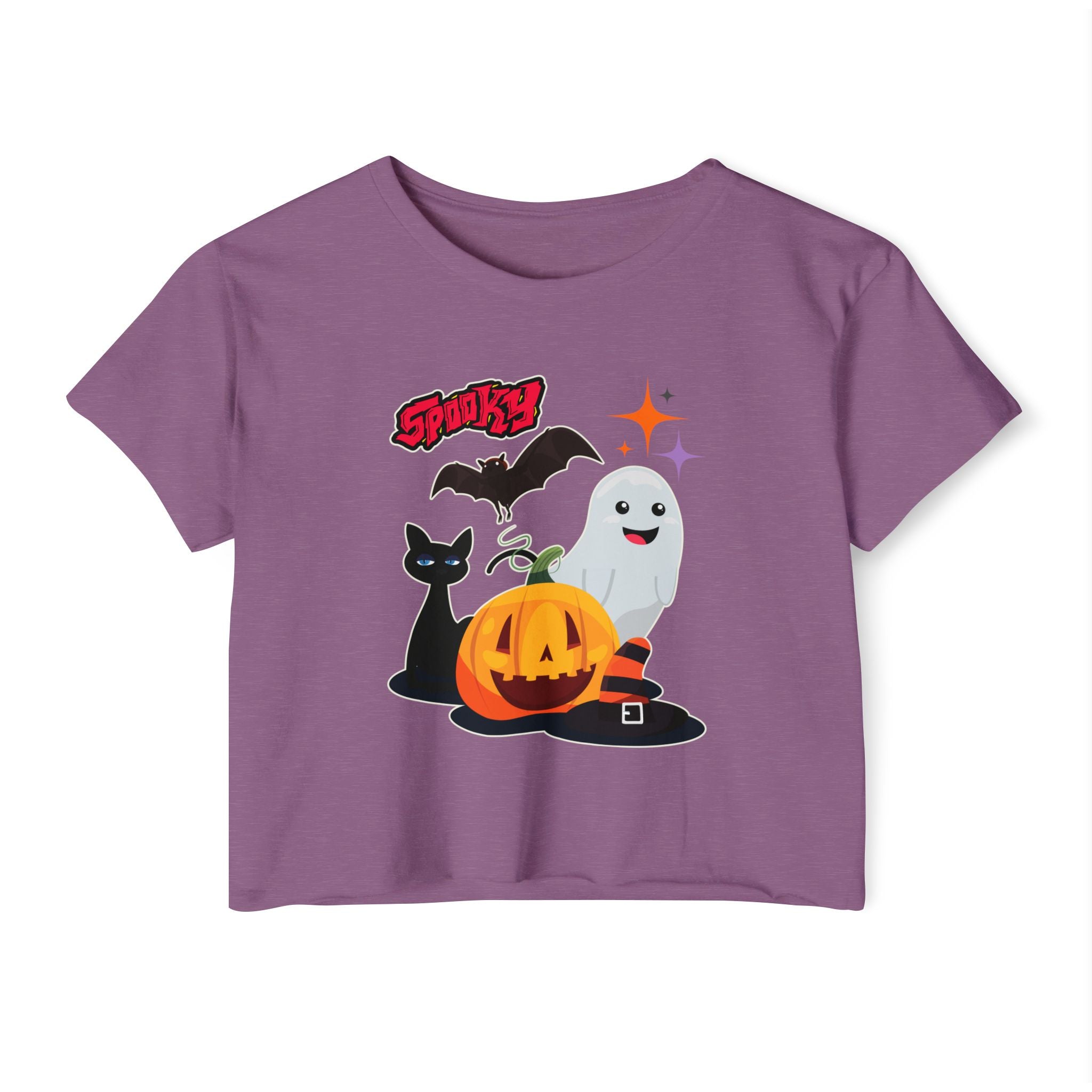 Shiraz purple t-shirt with Halloween-themed graphics including a pumpkin, ghost, cat, and bat on a white background.