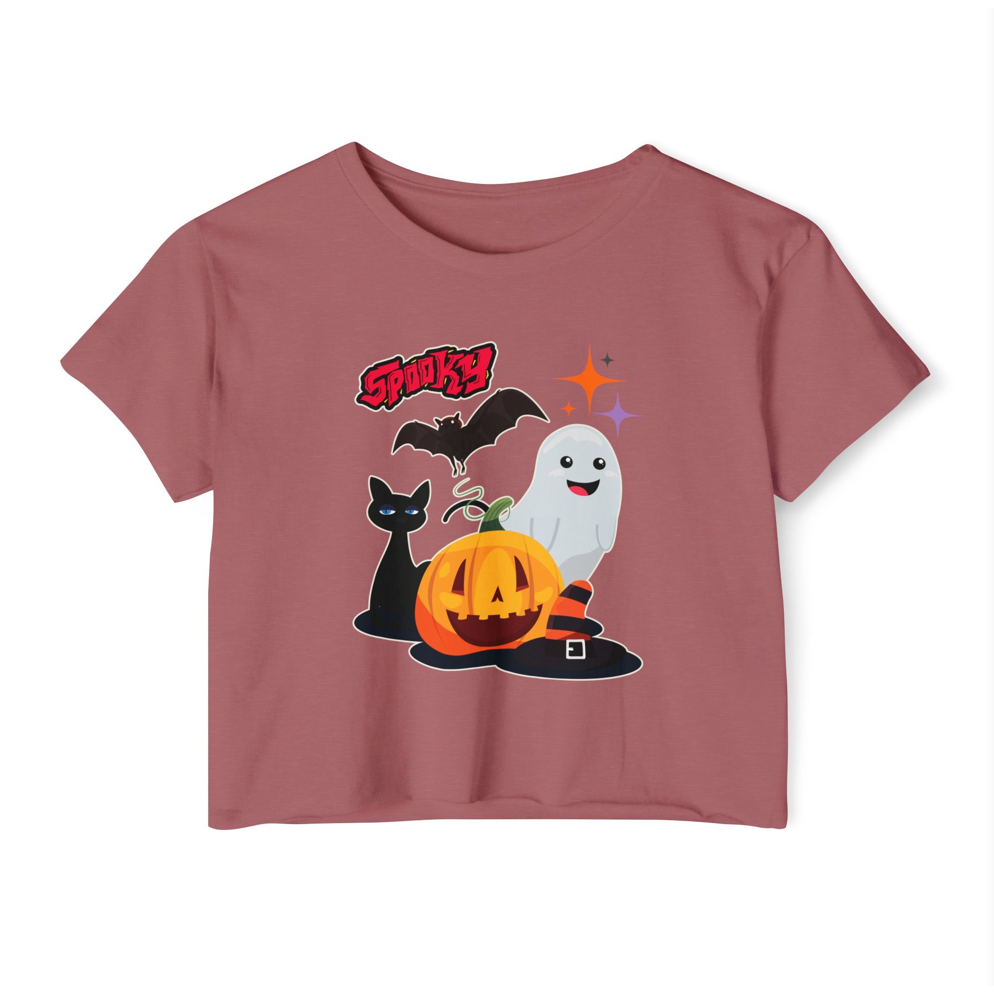 Smoked paprika dark orange t-shirt with Halloween-themed graphics including a pumpkin, ghost, cat, and bat on a white background.