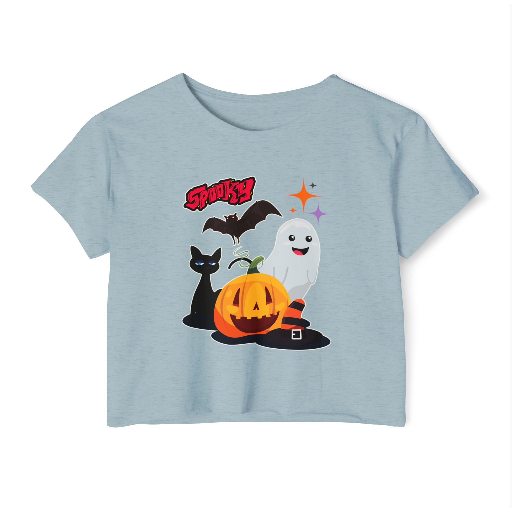 Light blue stonewash denim t-shirt with Halloween-themed graphics including a pumpkin, ghost, cat, and bat on a white background.