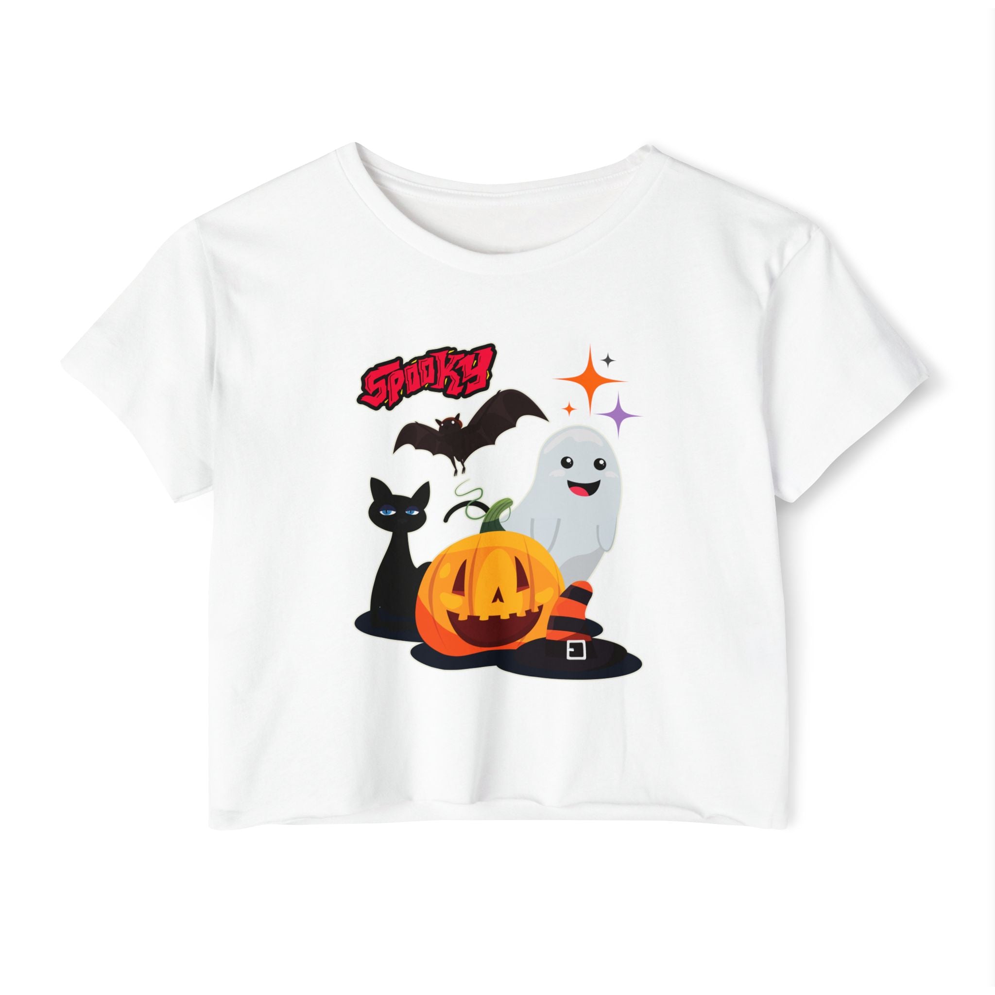 White t-shirt with Halloween-themed graphics including a pumpkin, ghost, cat, and bat on a white background.