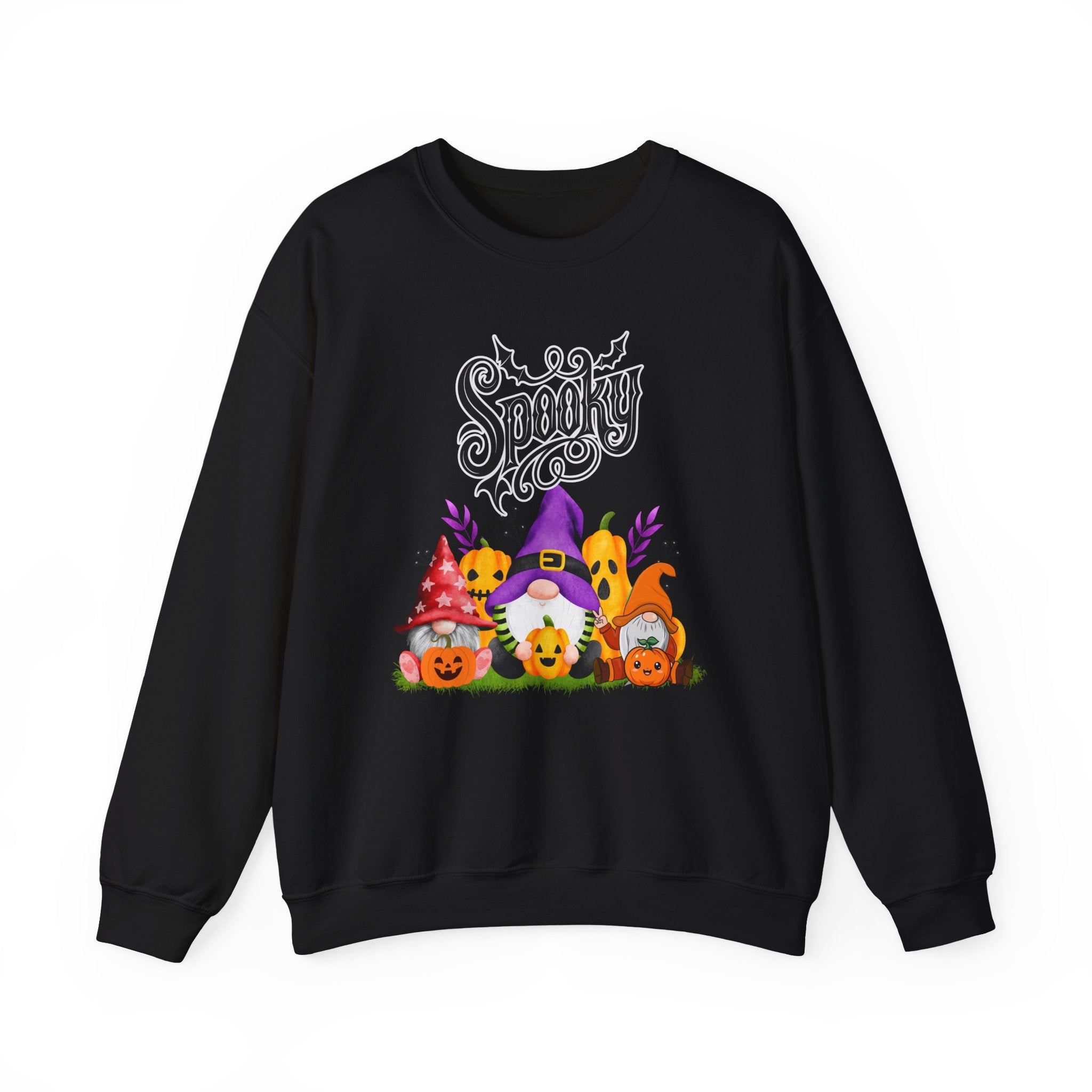 Black sweatshirt with Halloween-themed design featuring gnomes and pumpkins on a white background