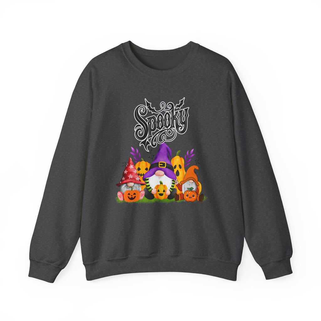 Dark heather gray sweatshirt with Halloween-themed design featuring gnomes and pumpkins on a white background.