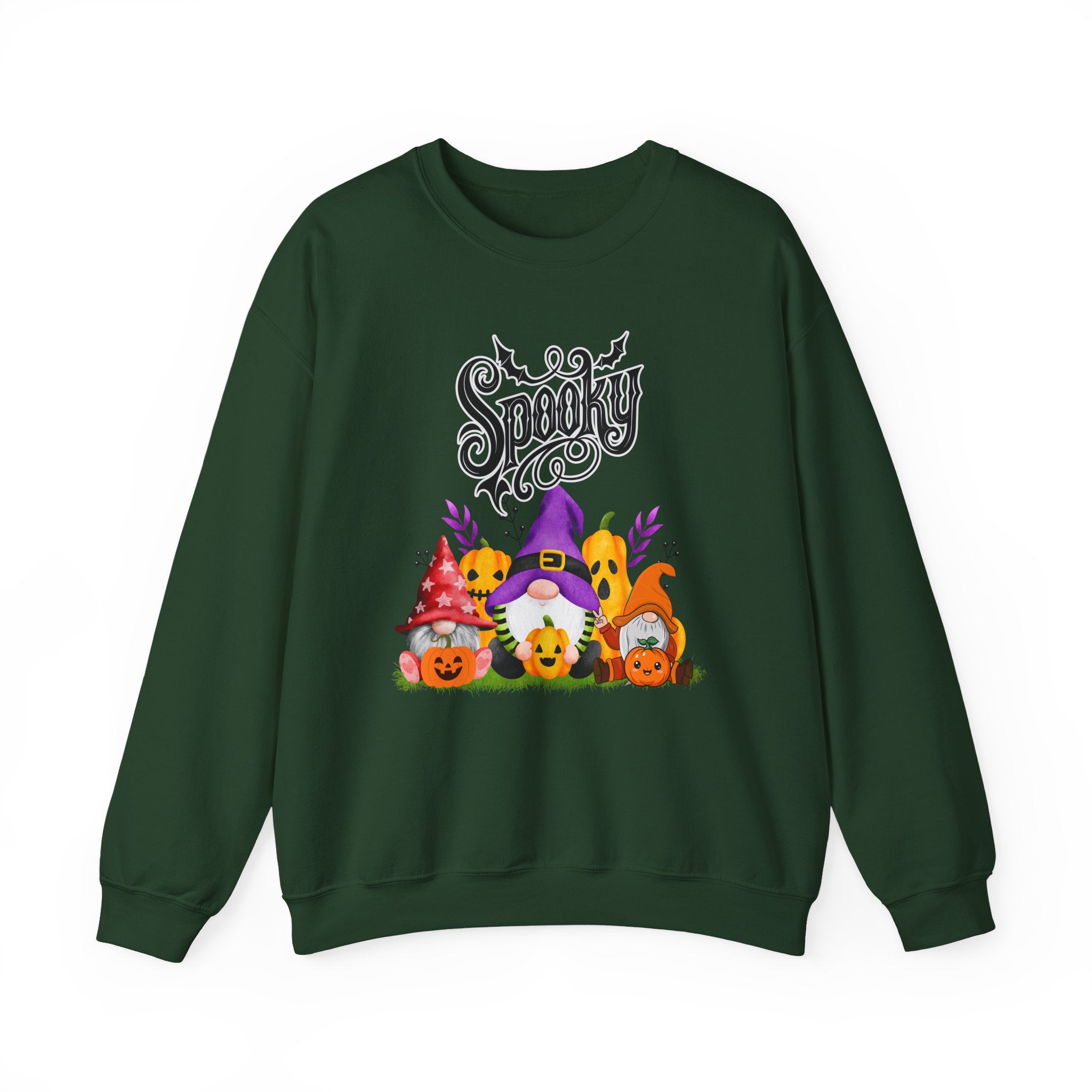 Forest green sweatshirt with Halloween-themed design featuring gnomes and pumpkins on a white background