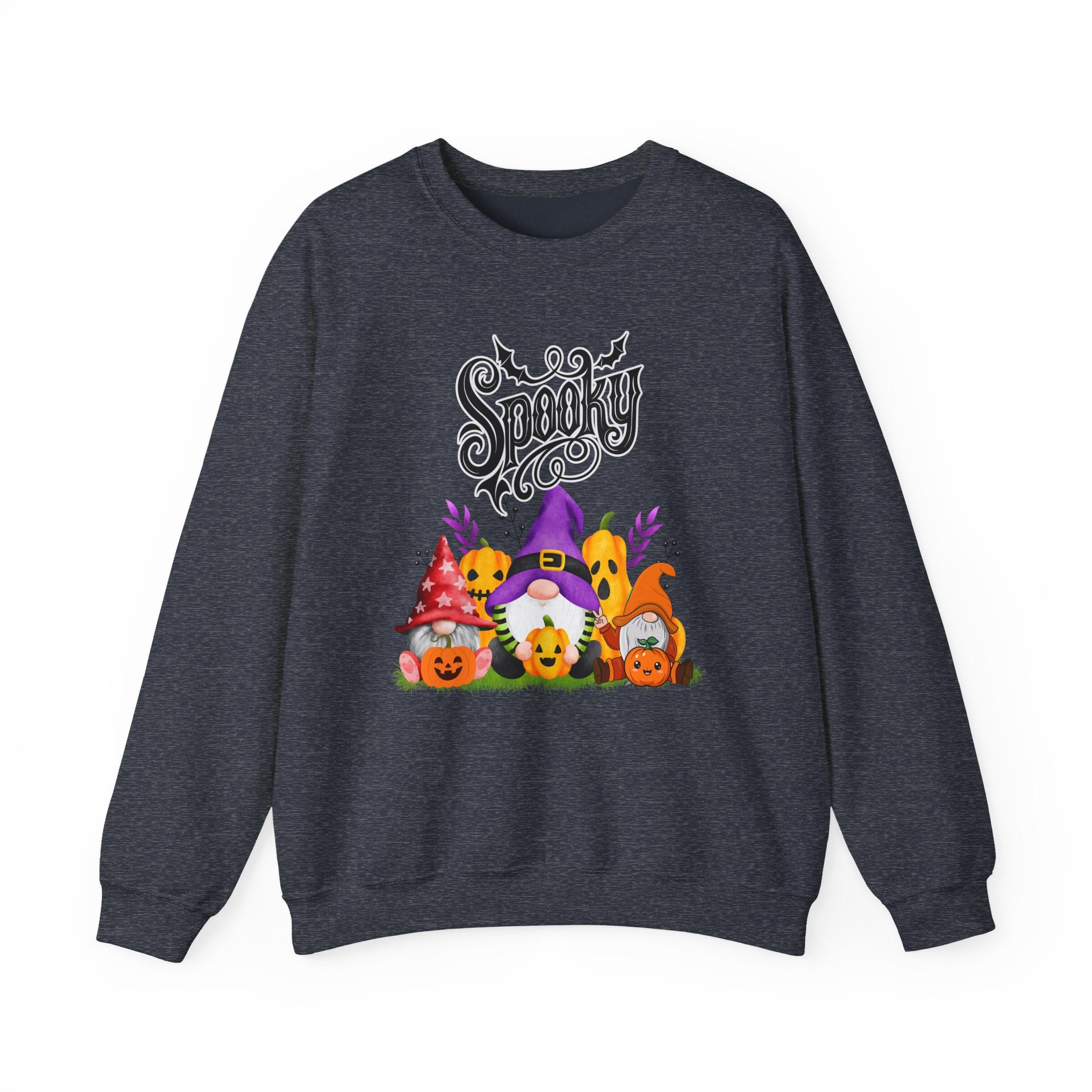 Heather sport dark navy gray sweatshirt with Halloween-themed design featuring gnomes and pumpkins on a white background.