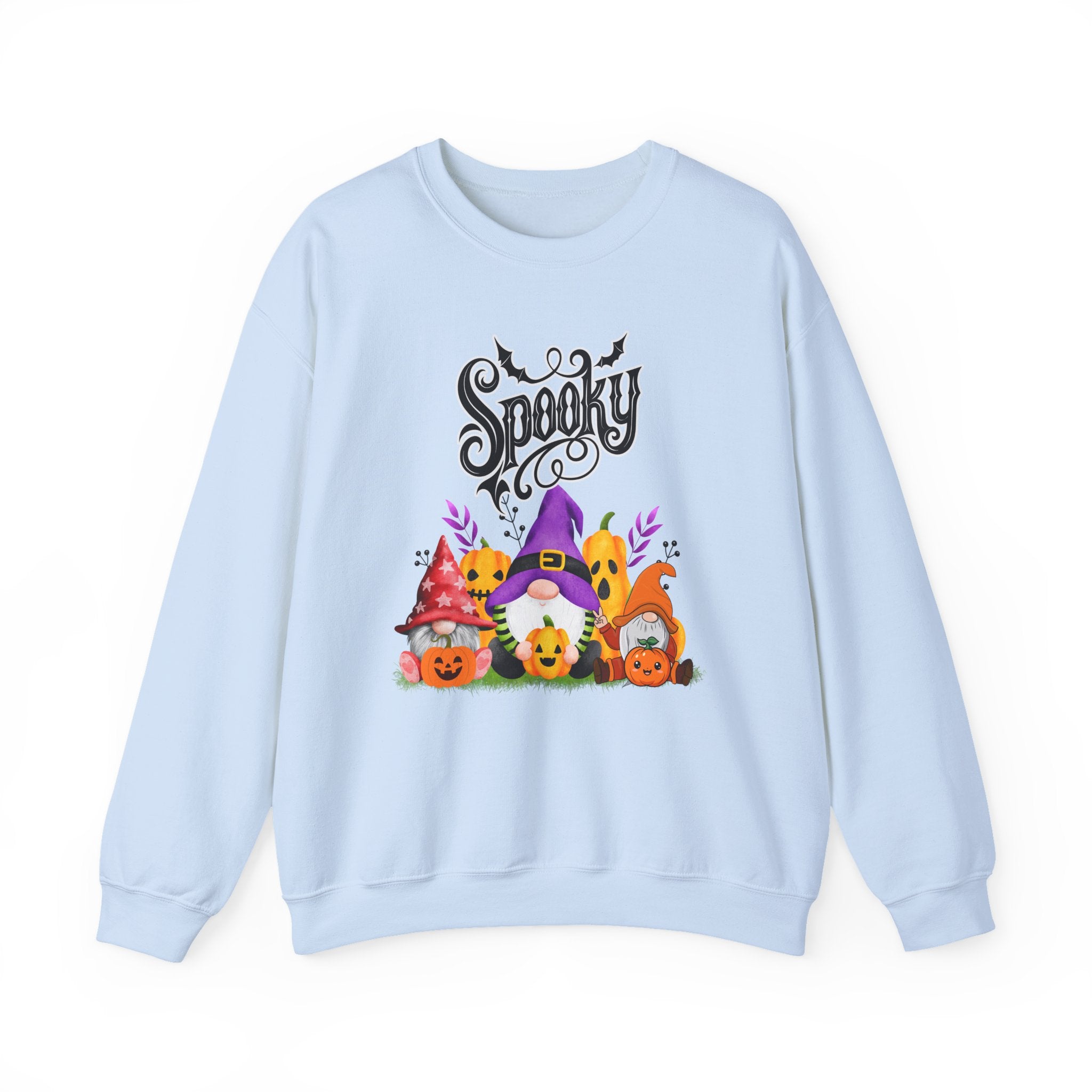 Light blue sweatshirt with Halloween-themed design featuring gnomes and the word 'Spooky'.