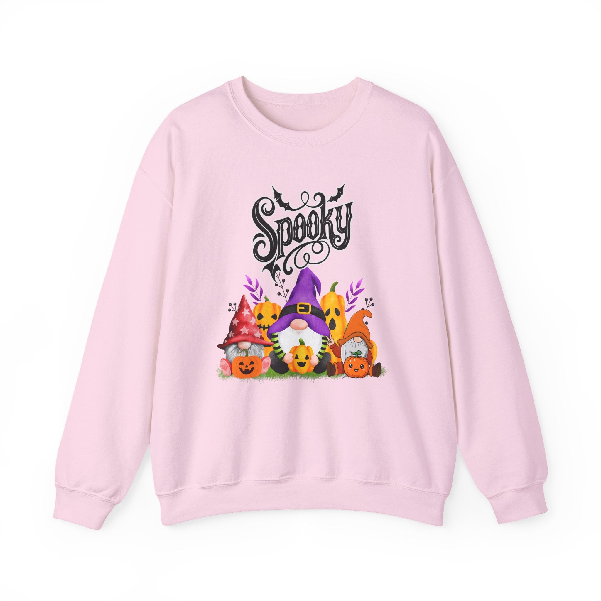 Pink sweatshirt with Halloween-themed design featuring gnomes and 'Spooky' text on a white background.
