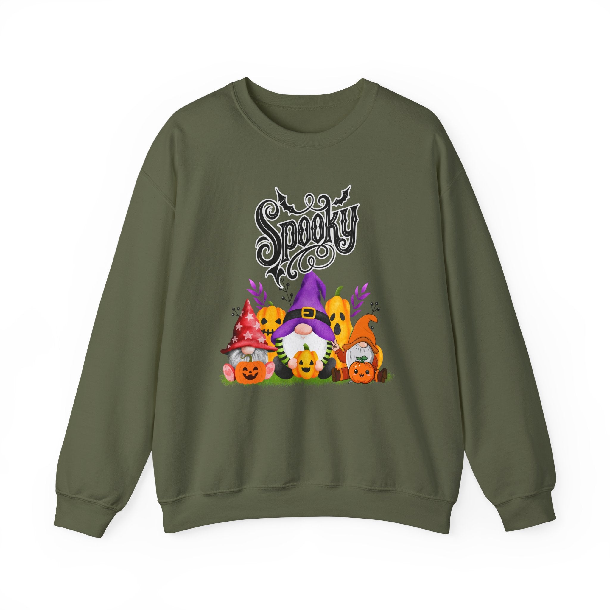 Military green sweatshirt with Halloween-themed design featuring gnomes and pumpkins on a white background